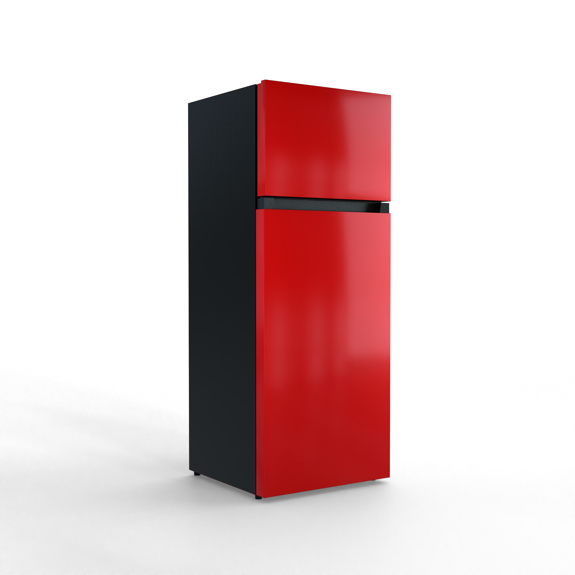 A red refrigerator with a black side stands against a black background.