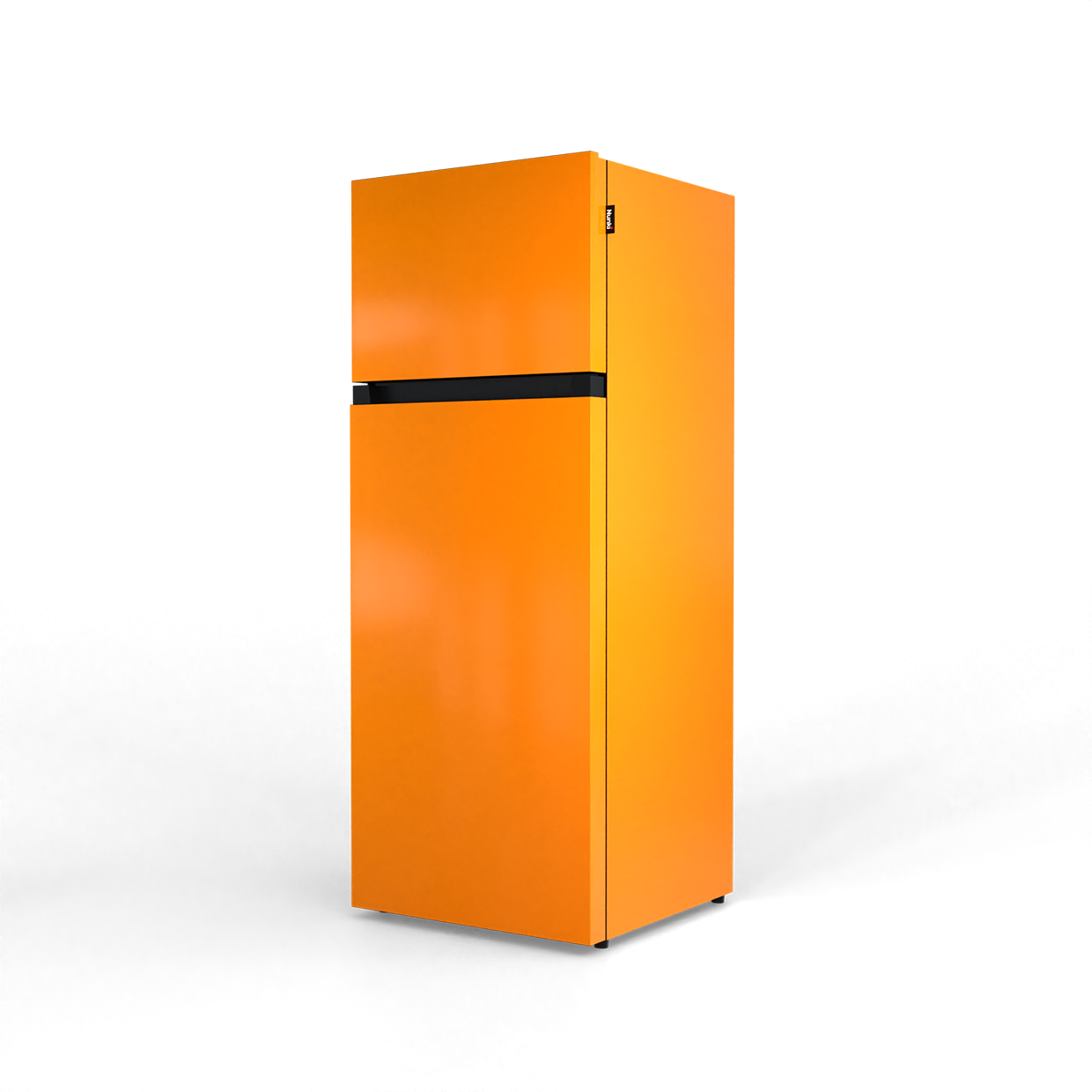 A shiny orange refrigerator with a black stripe, isolated on a black background.