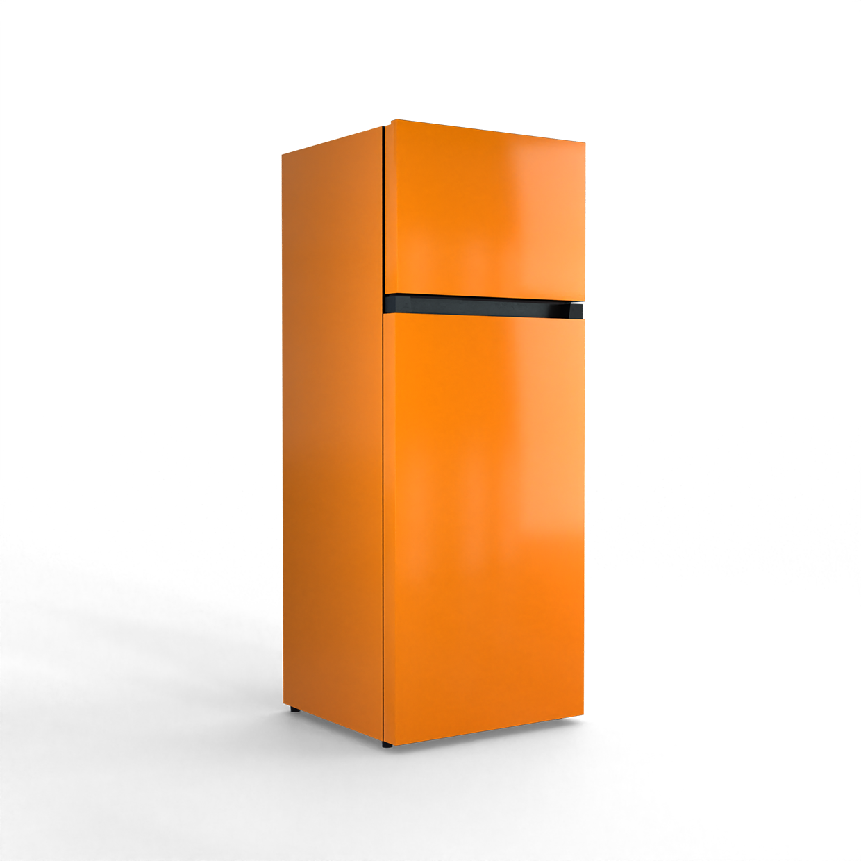 An orange two-door refrigerator with a black stripe, isolated on a black background.