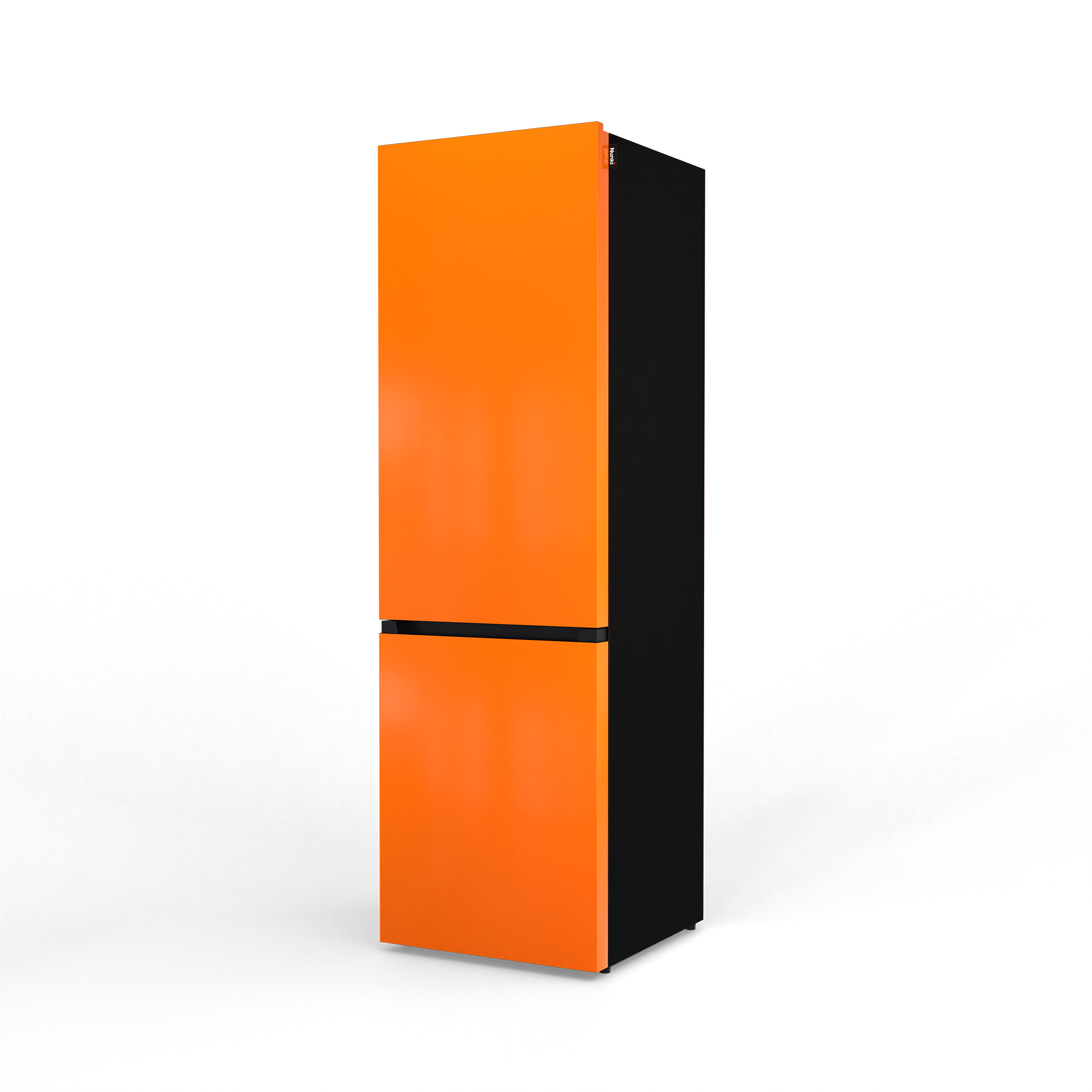A vertical orange refrigerator with a black side.