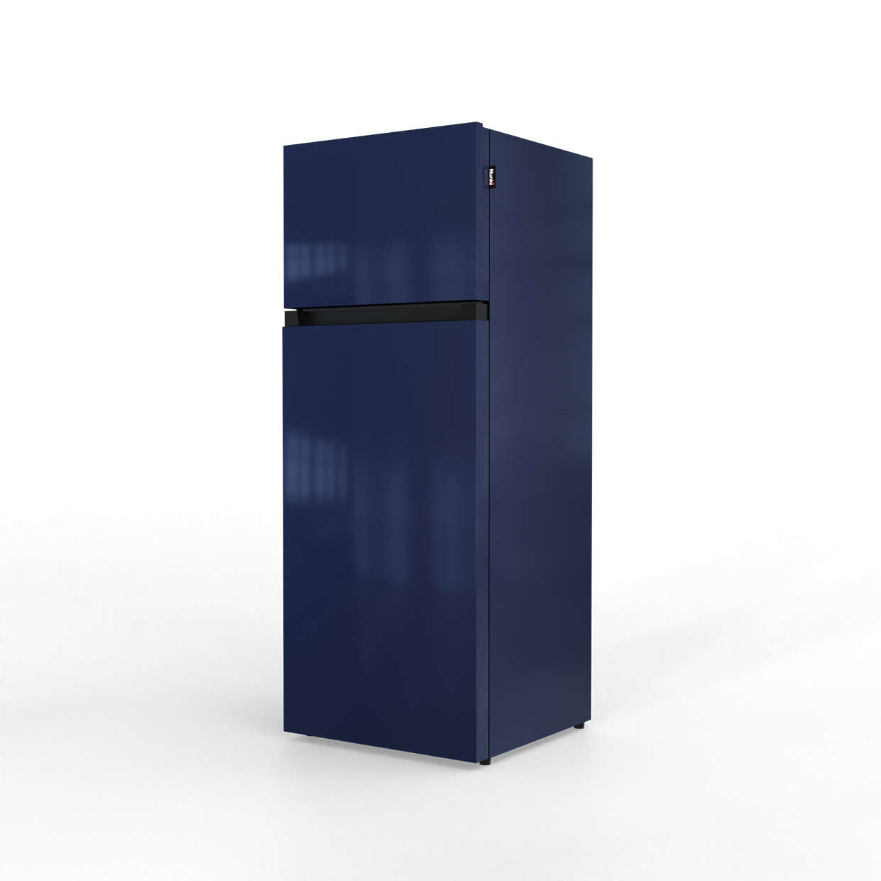 A dark blue, two-door refrigerator stands against a black background.