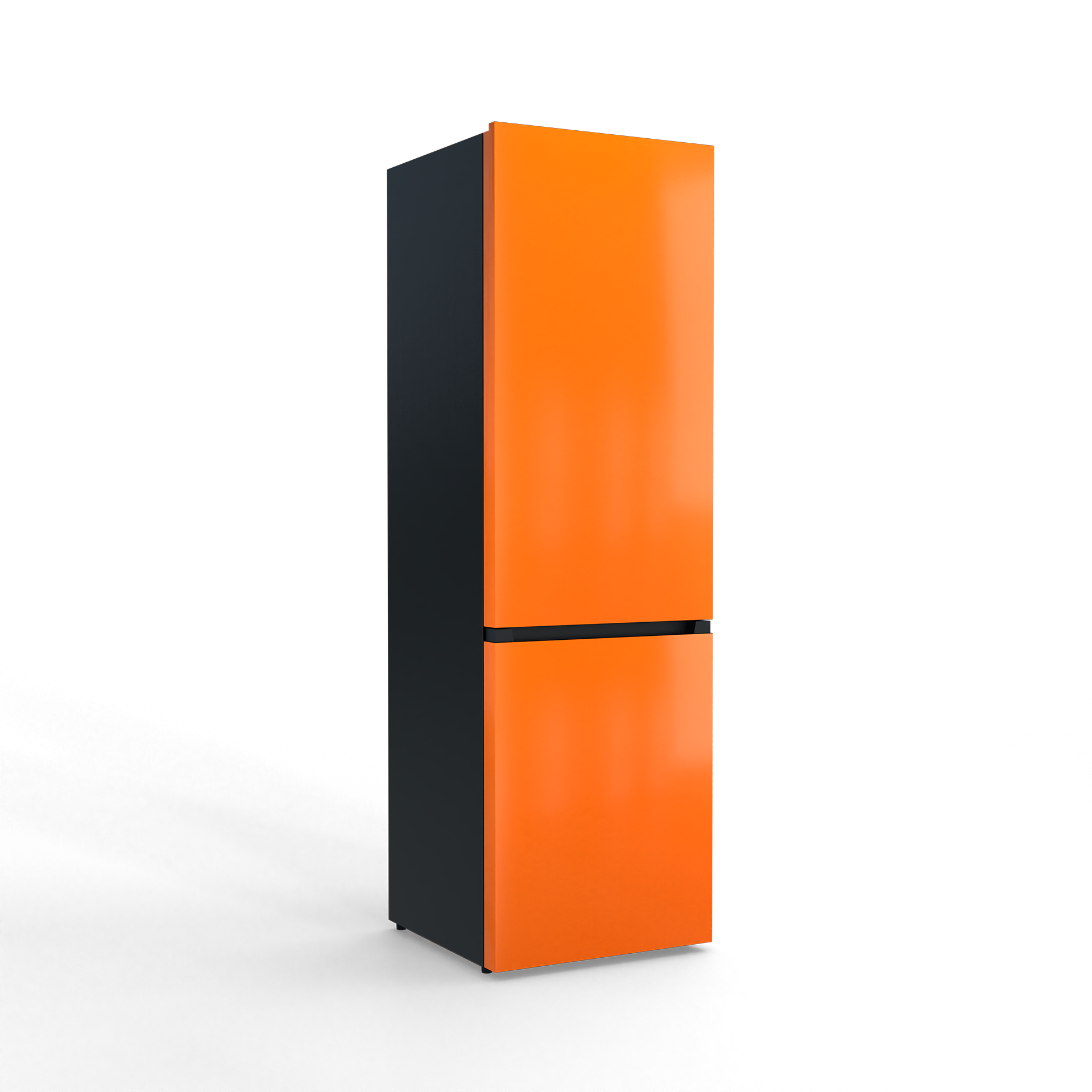A tall, two-door refrigerator in orange and dark gray stands against a black background.