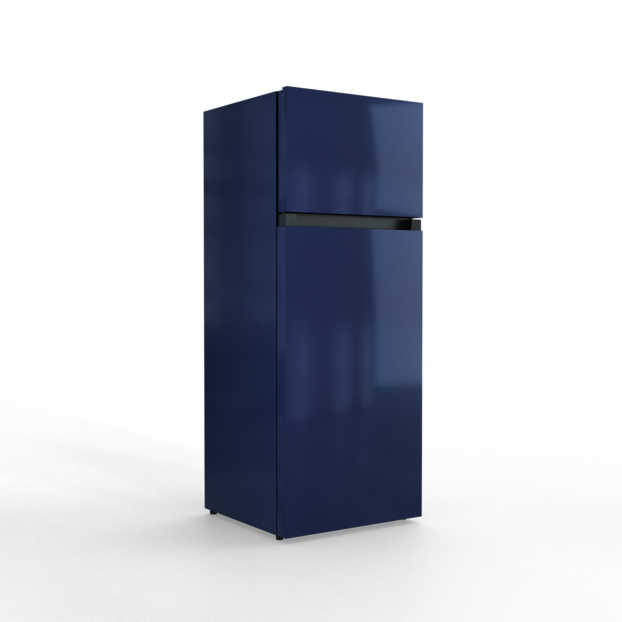 A dark blue, two-door refrigerator is shown against a black background.