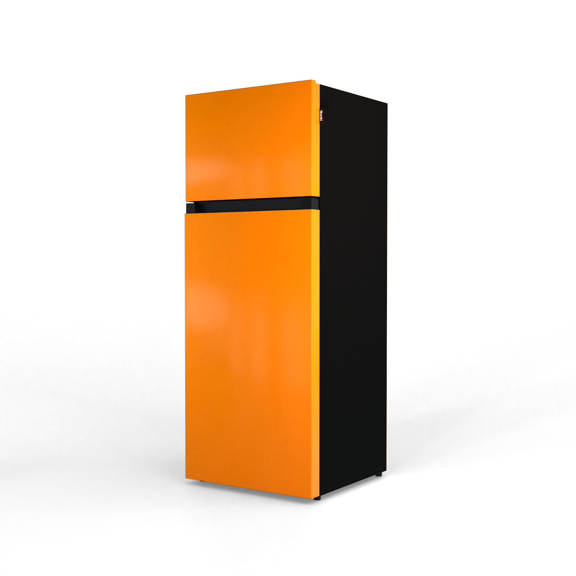 An orange refrigerator with a black side and a black stripe.