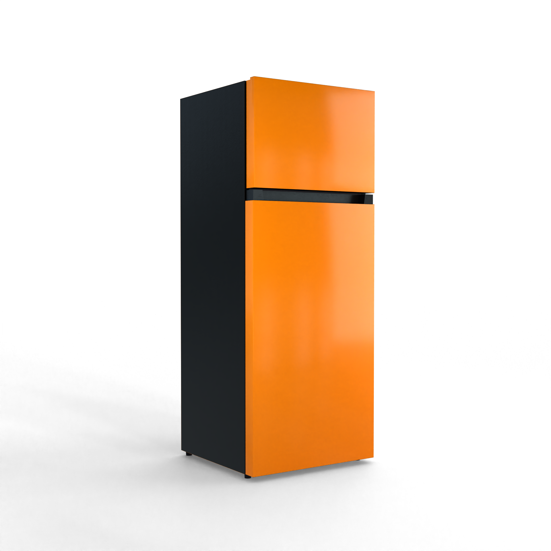 A two-door refrigerator in orange and black stands against a black background.