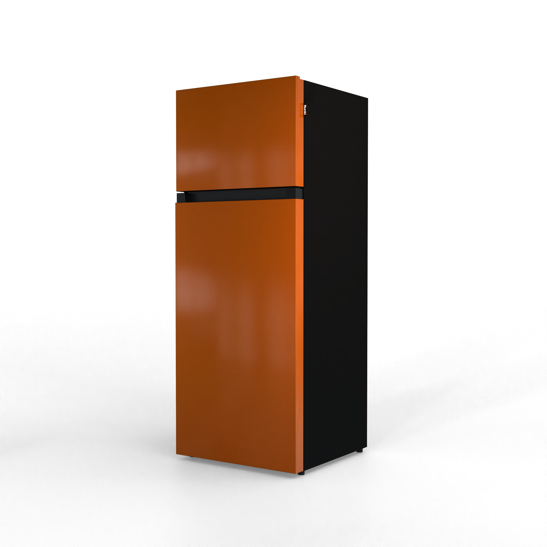 A two-door orange and black refrigerator is shown against a black background.