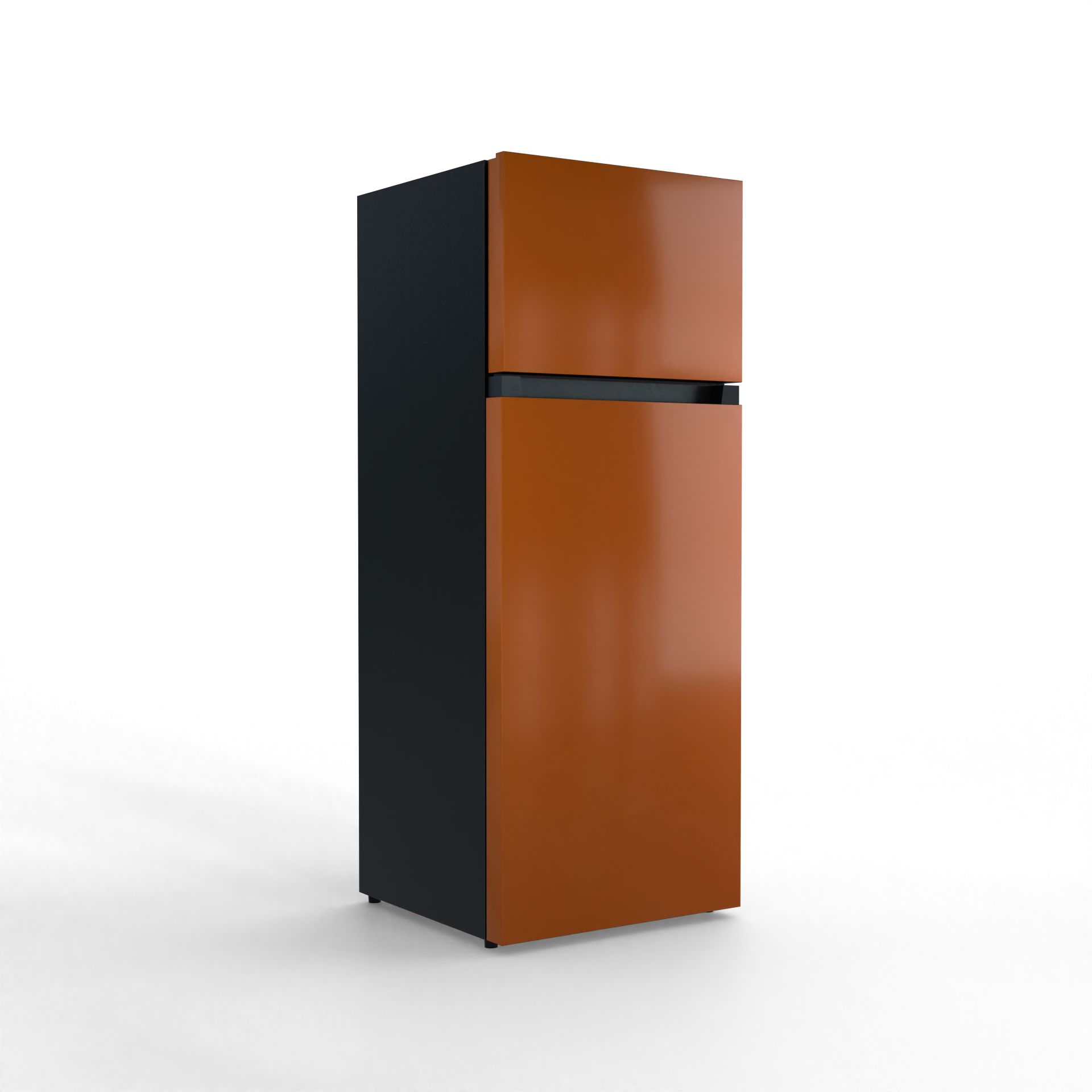 A two-door, freestanding refrigerator in orange and black.