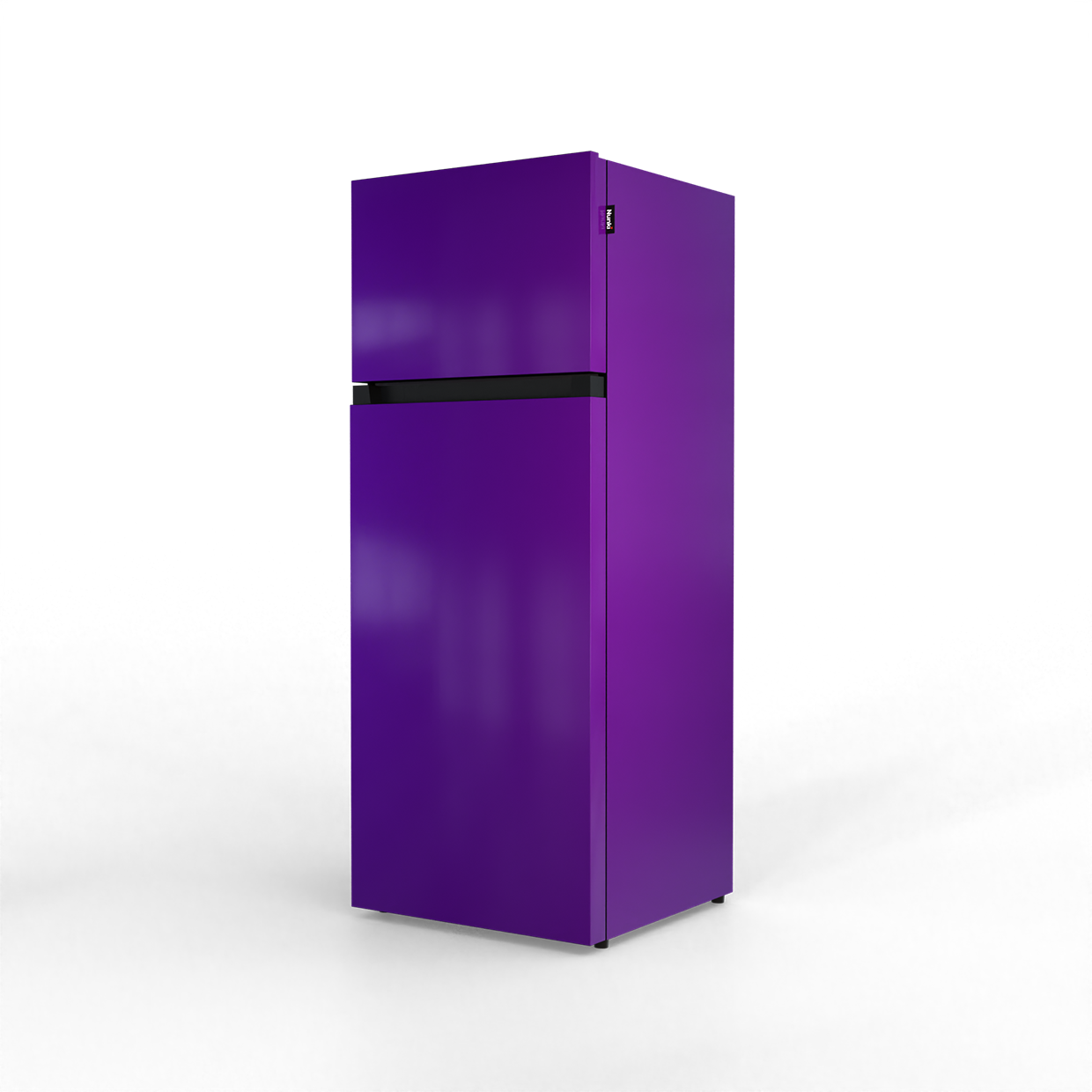 A purple refrigerator with a black accent line stands against a black background.