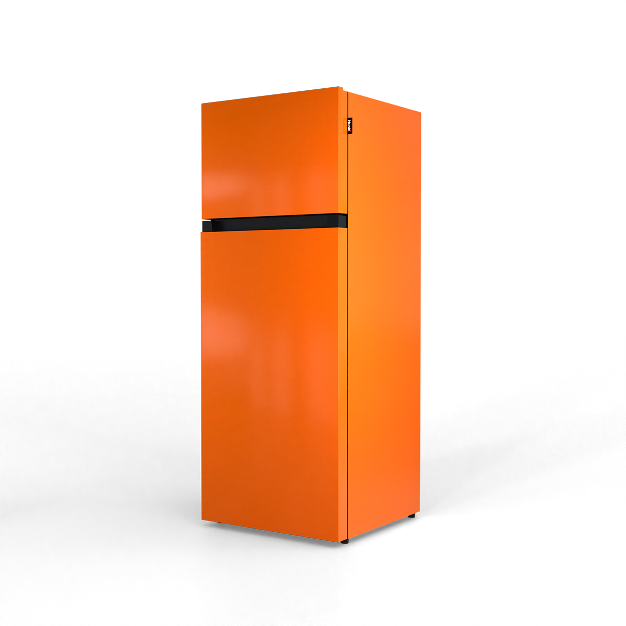 A shiny orange refrigerator with a black stripe, on a black background.