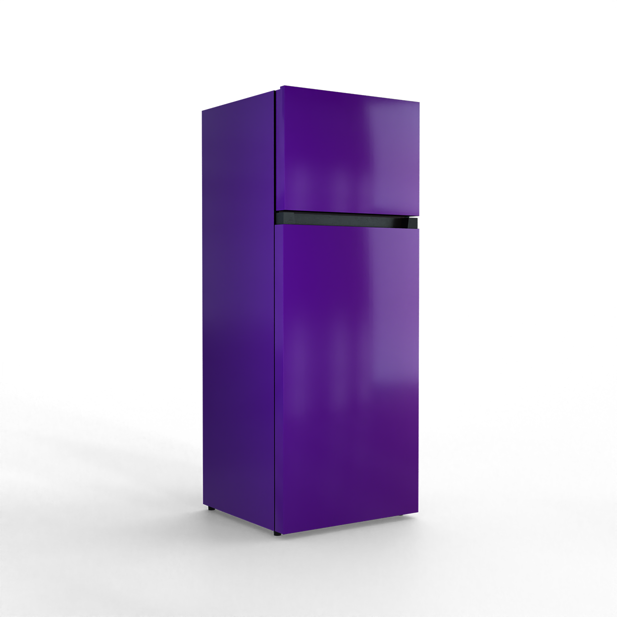 A purple, two-door refrigerator with a black accent line.