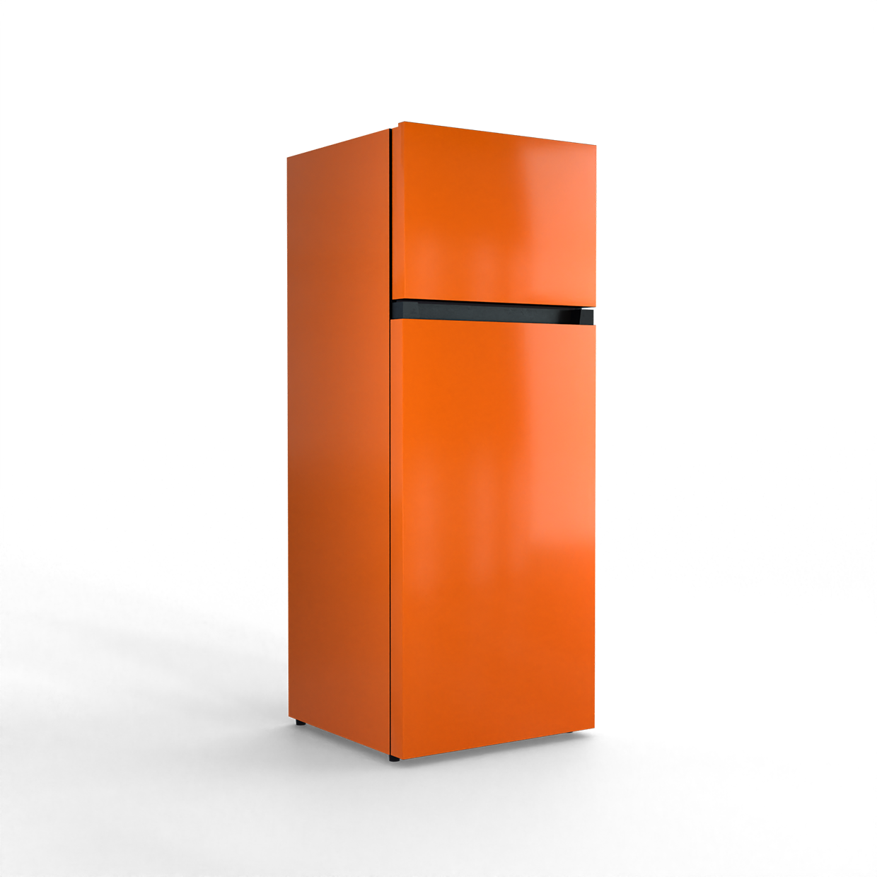 An orange refrigerator with a black stripe stands against a black background.