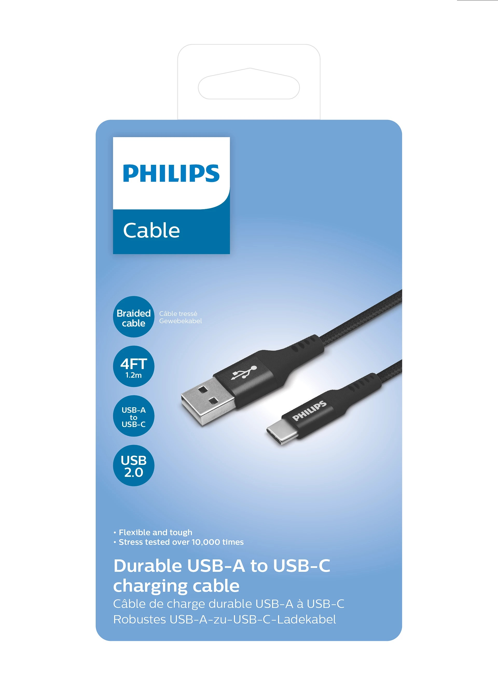 Philips USB-A - USB-C kablosu, örgülü, 1.2m, USB 2.0.