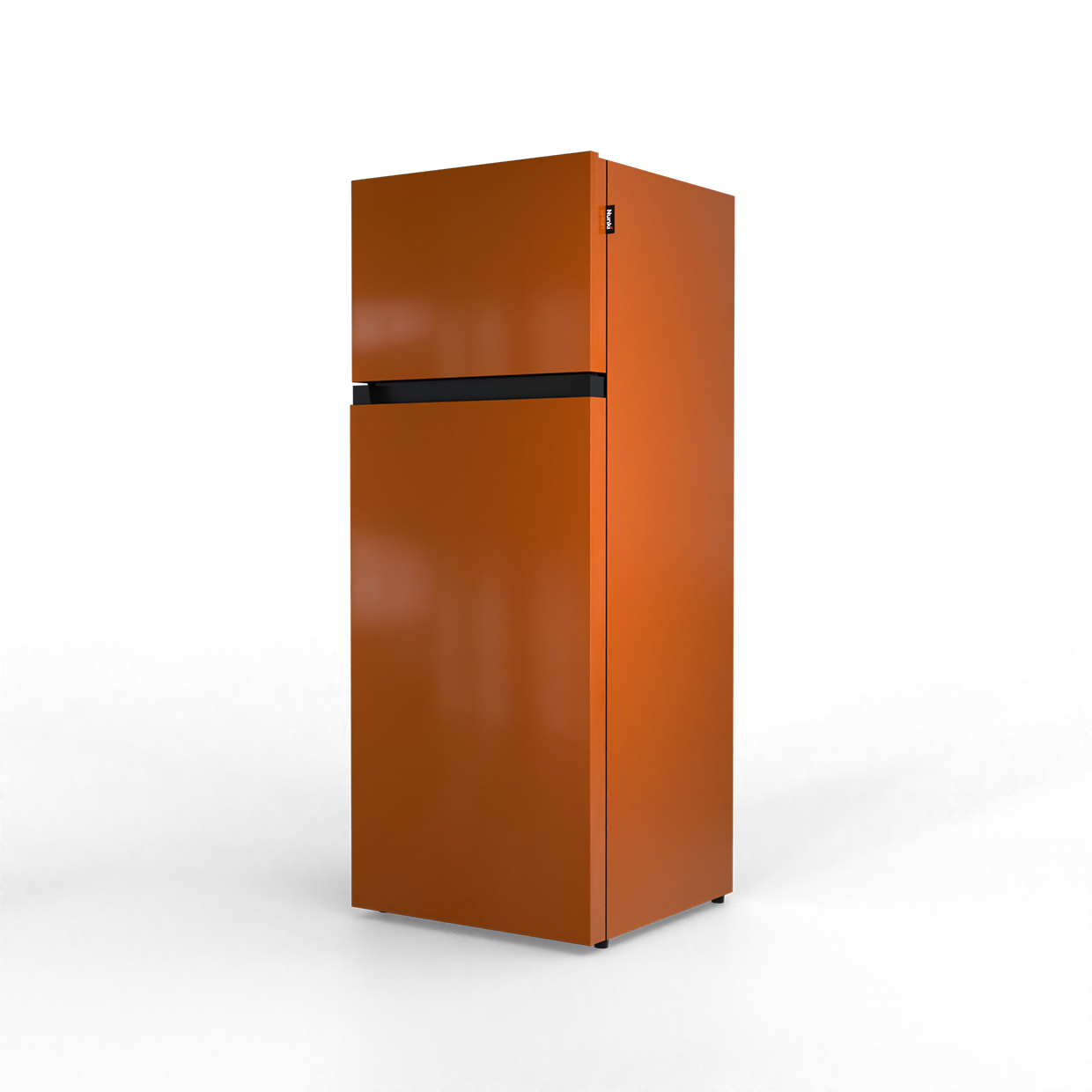 An orange refrigerator with a black dividing line stands on a black background.