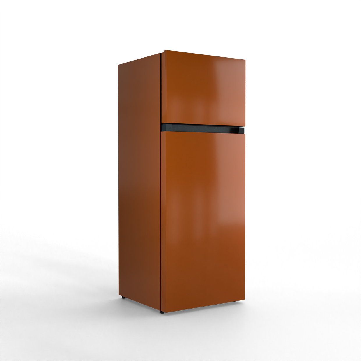 An orange two-door refrigerator with a black accent strip.