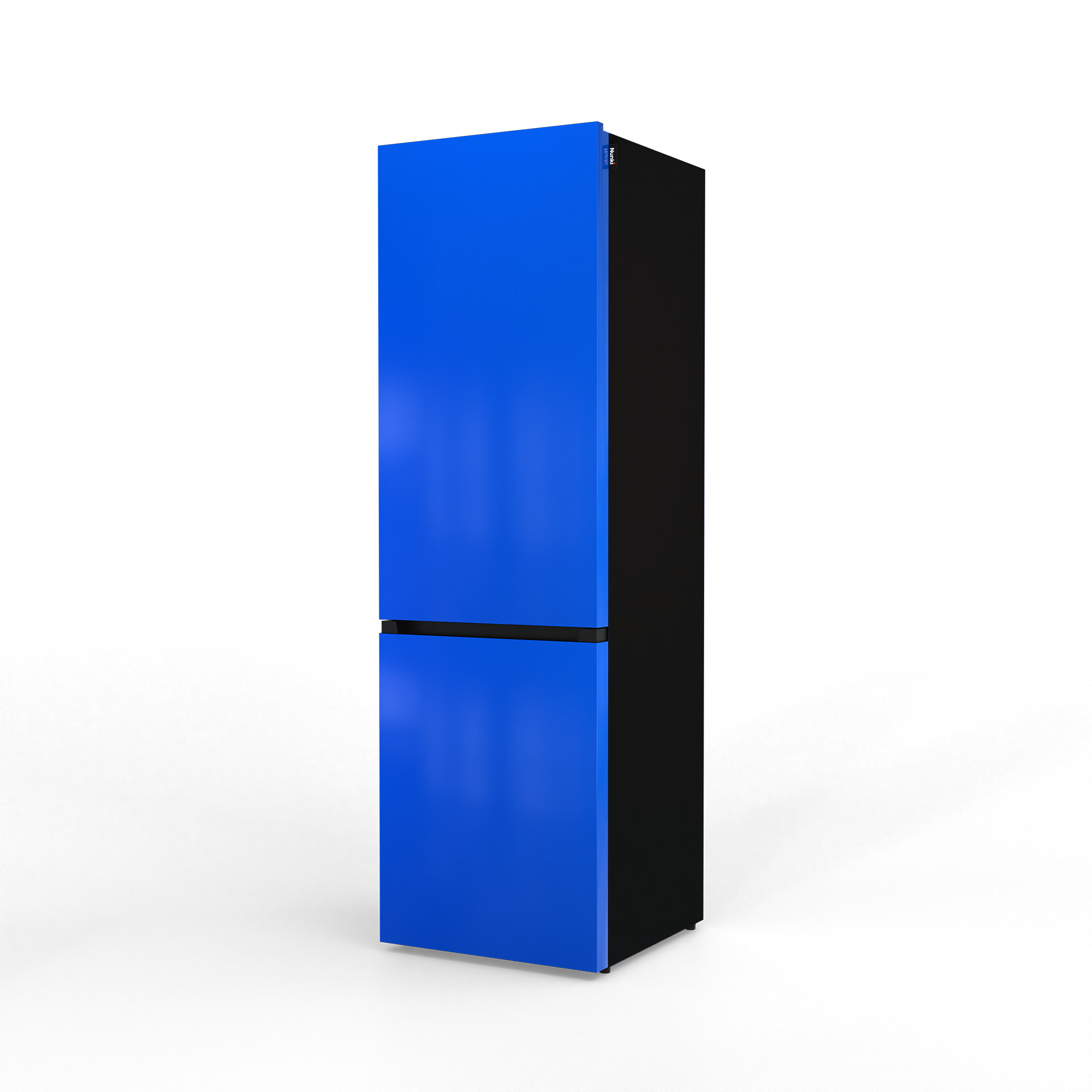 A sleek, blue refrigerator with a black side stands against a black background.