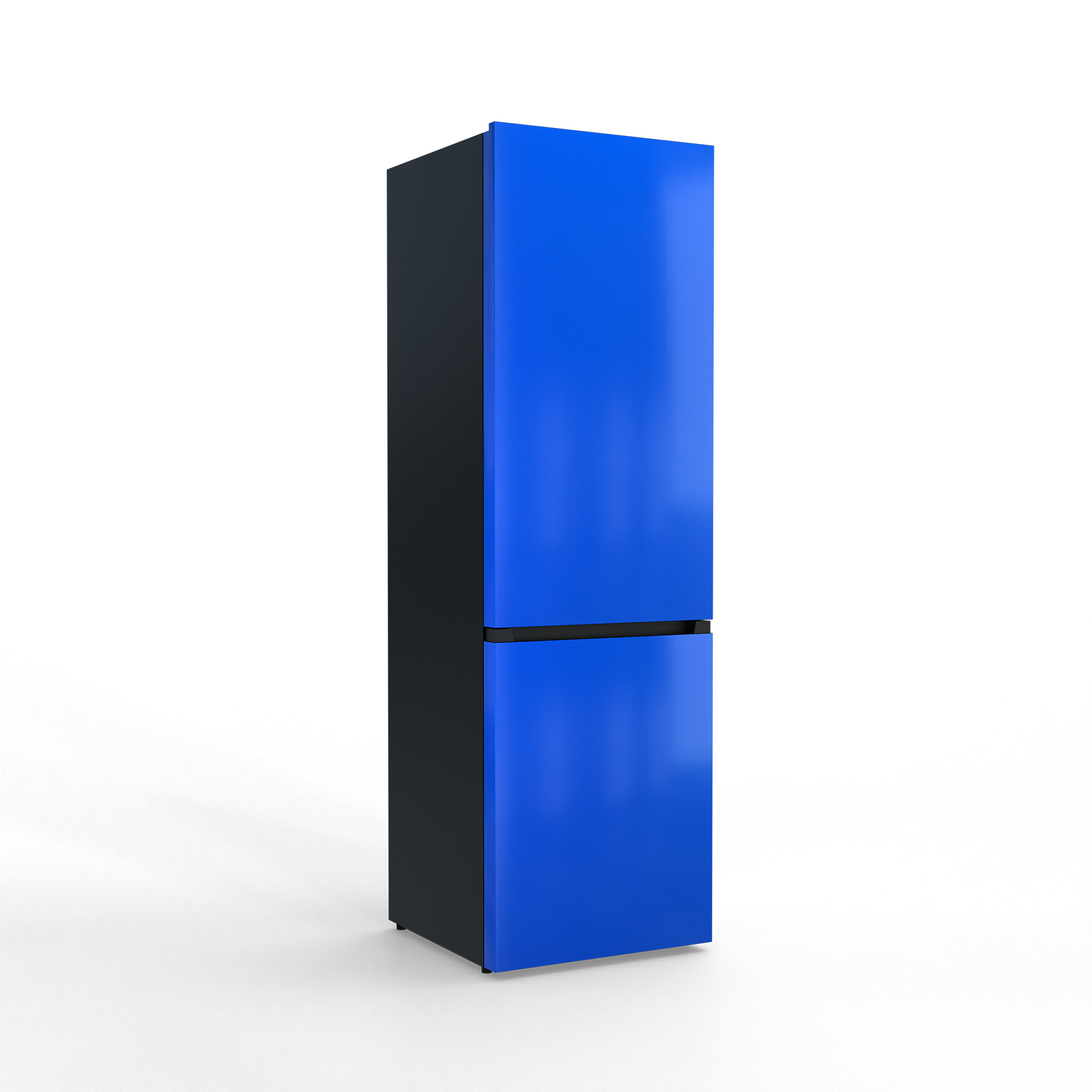 A tall refrigerator with blue doors and grey sides.