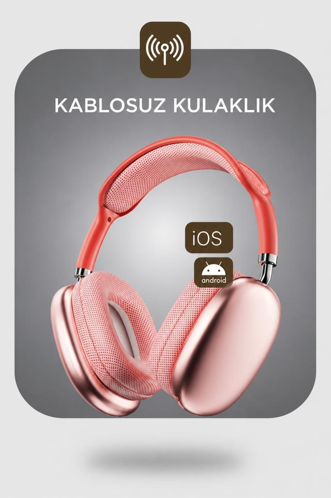 Wi-Fi sembollü ve iOS/Android logolu, rose gold kablosuz kulaklık.