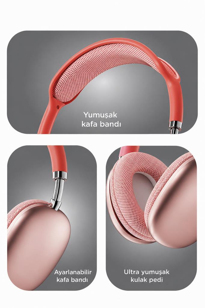 Pembe başlık ve kulak yastıklarına sahip kulaklıklar gri arka planda.