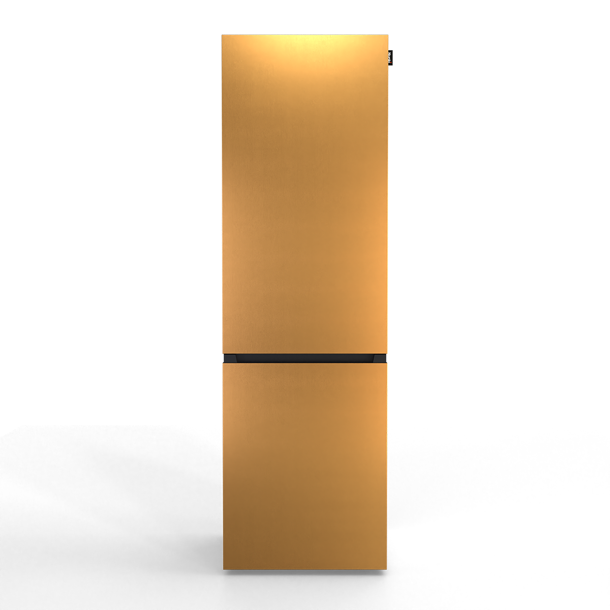 A golden refrigerator with a black handle, set against a black background.