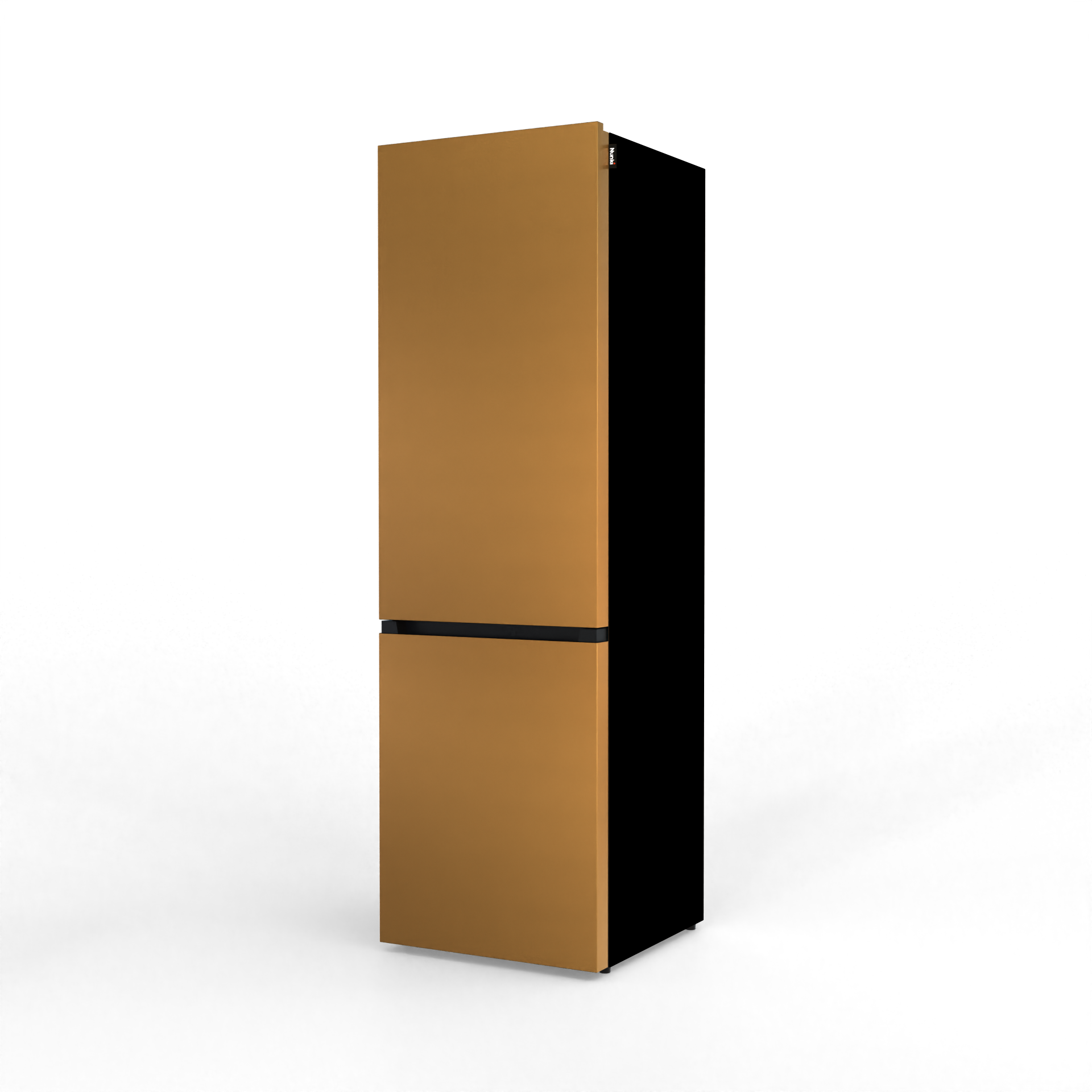 A golden-brown radiator stands against a black background. It has a black line in the middle.