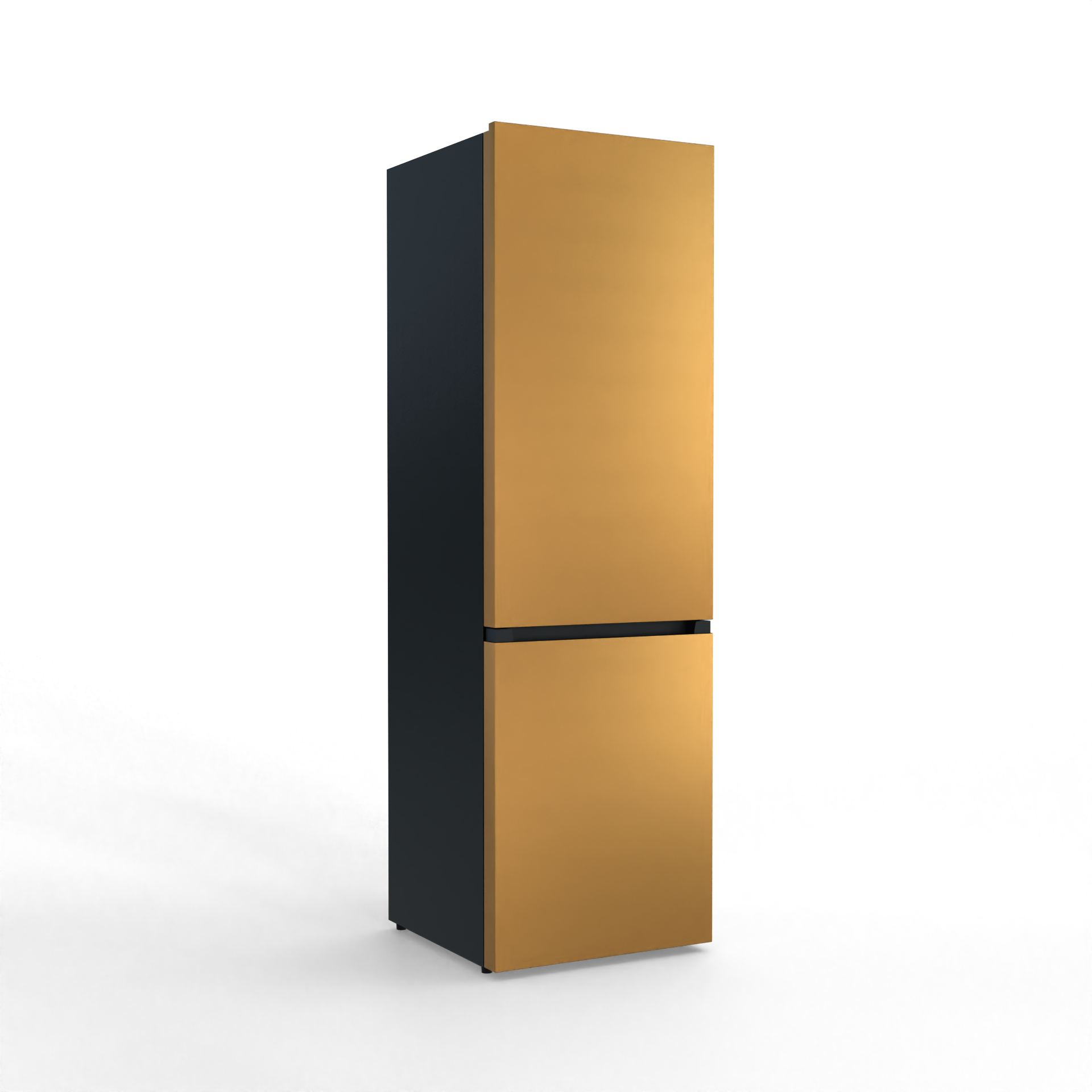 A tall, narrow refrigerator in gold and dark gray stands against a black background.
