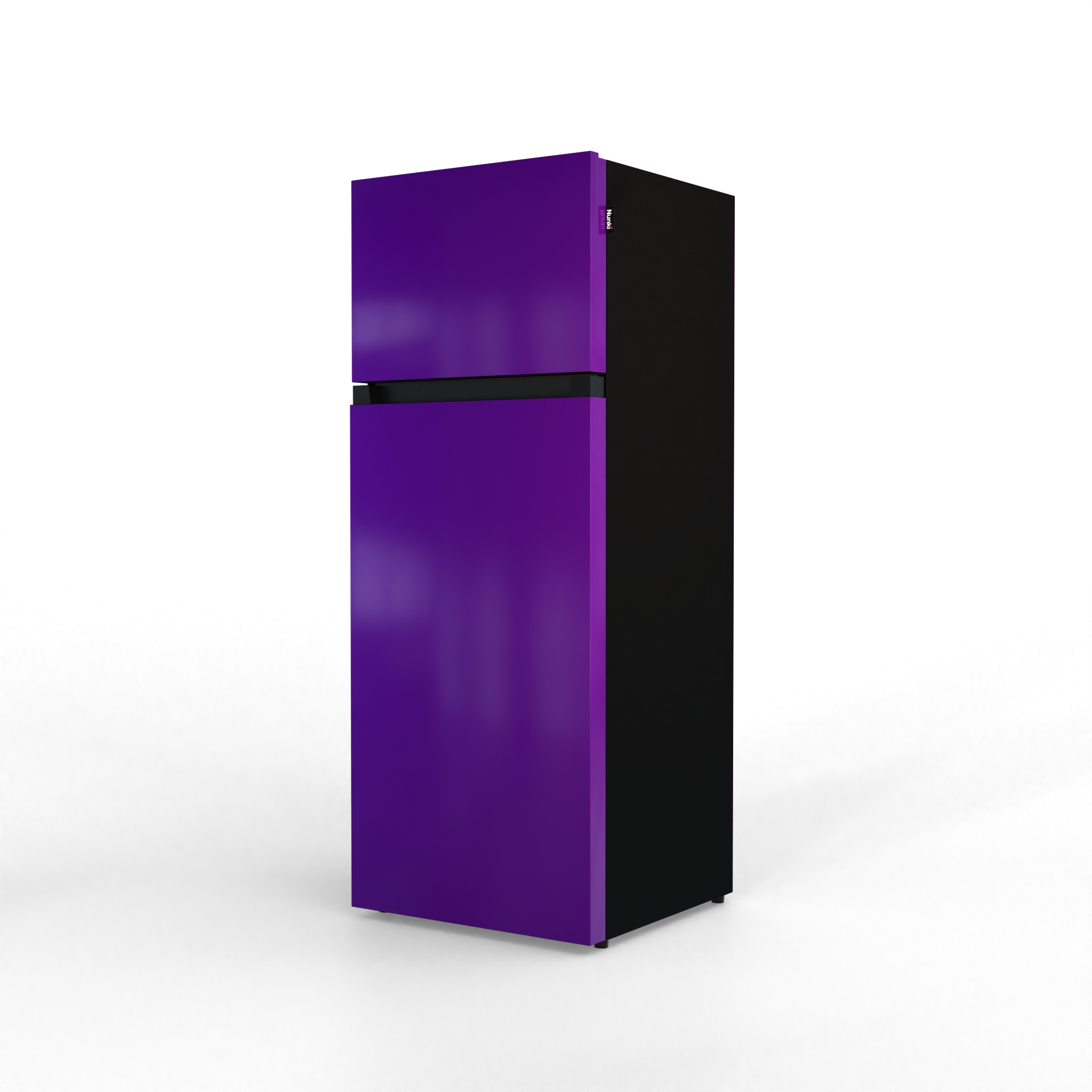 A purple refrigerator with a black back and a silver handle.