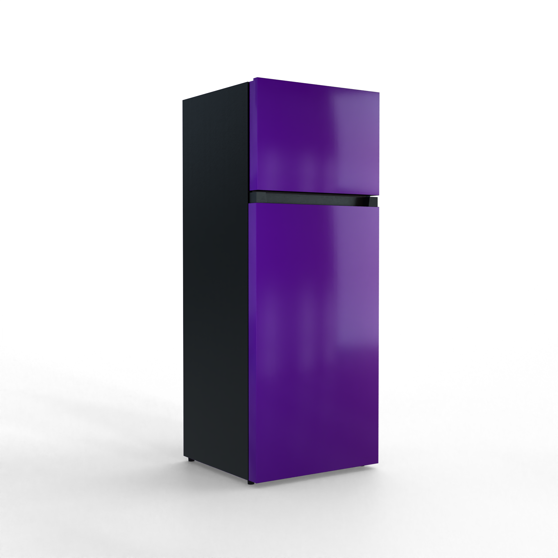 A two-door refrigerator, with purple doors and black sides.