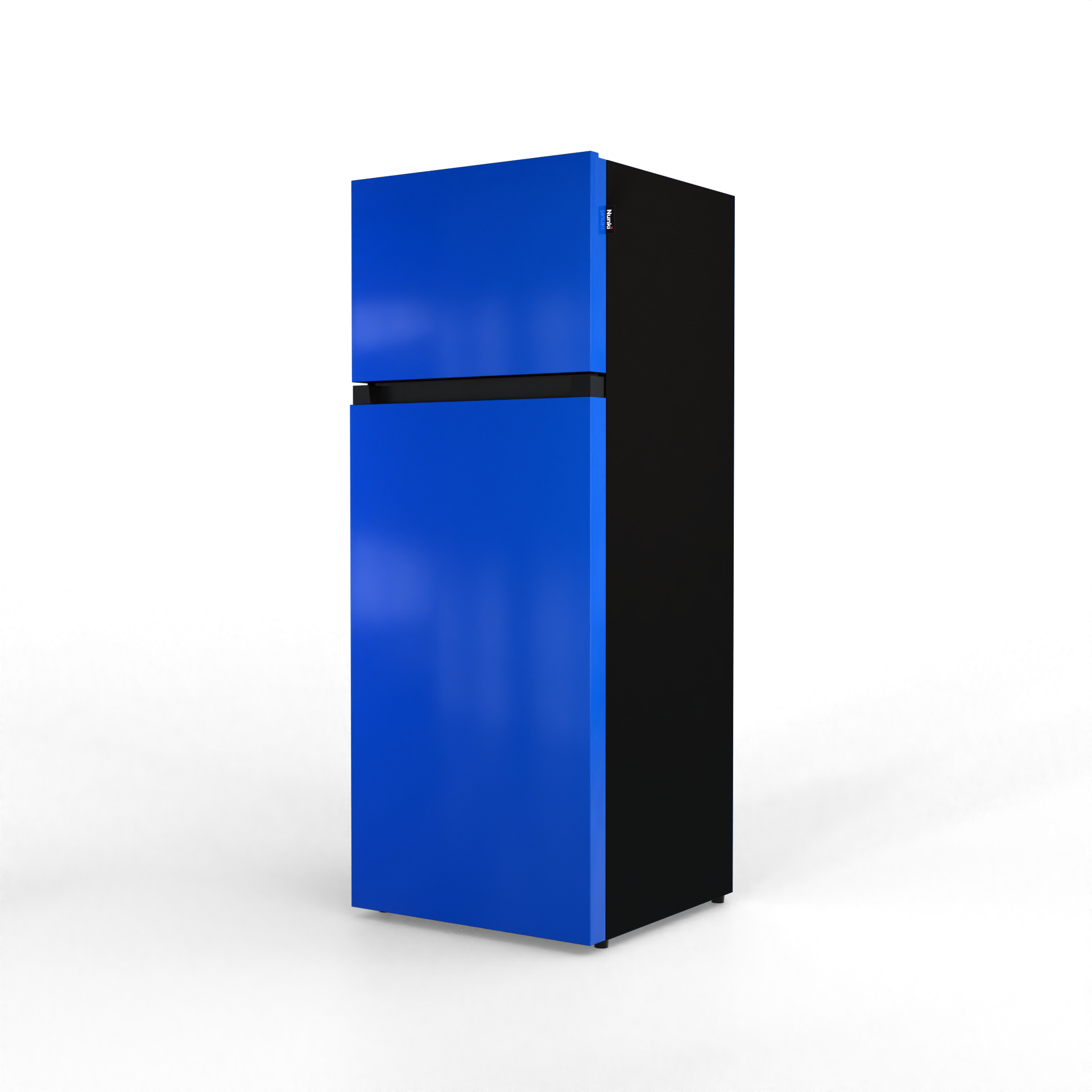 A blue refrigerator with a black body stands on a black background.
