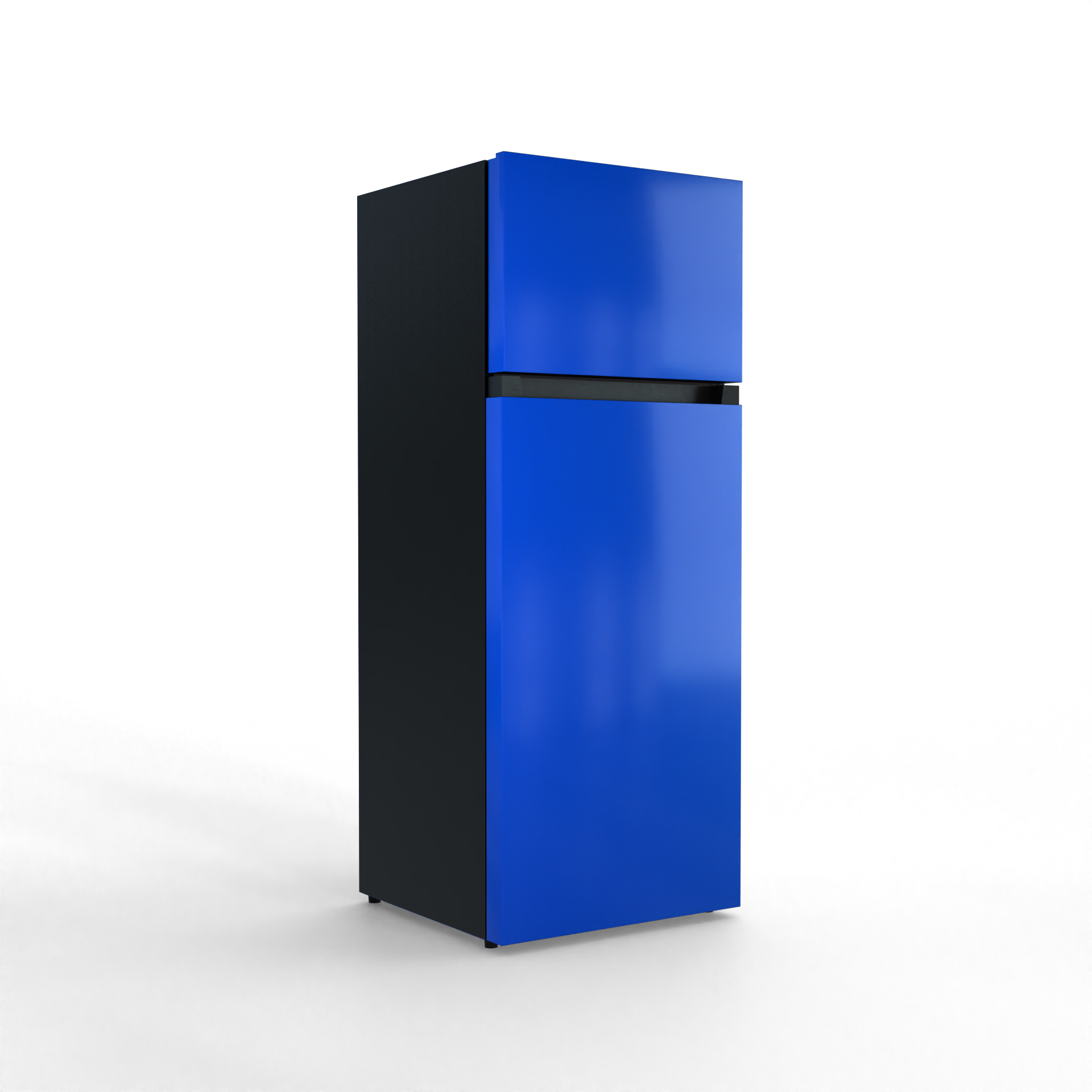 A blue and black two-door refrigerator stands against a black background.