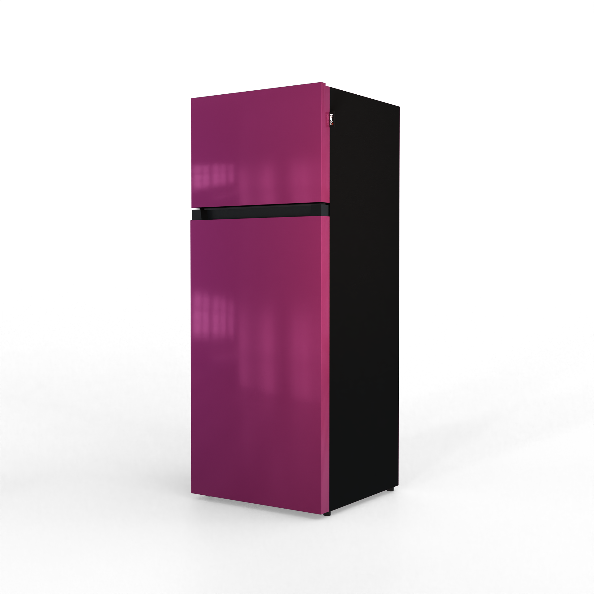A two-door, purple refrigerator with a black body on a black background.
