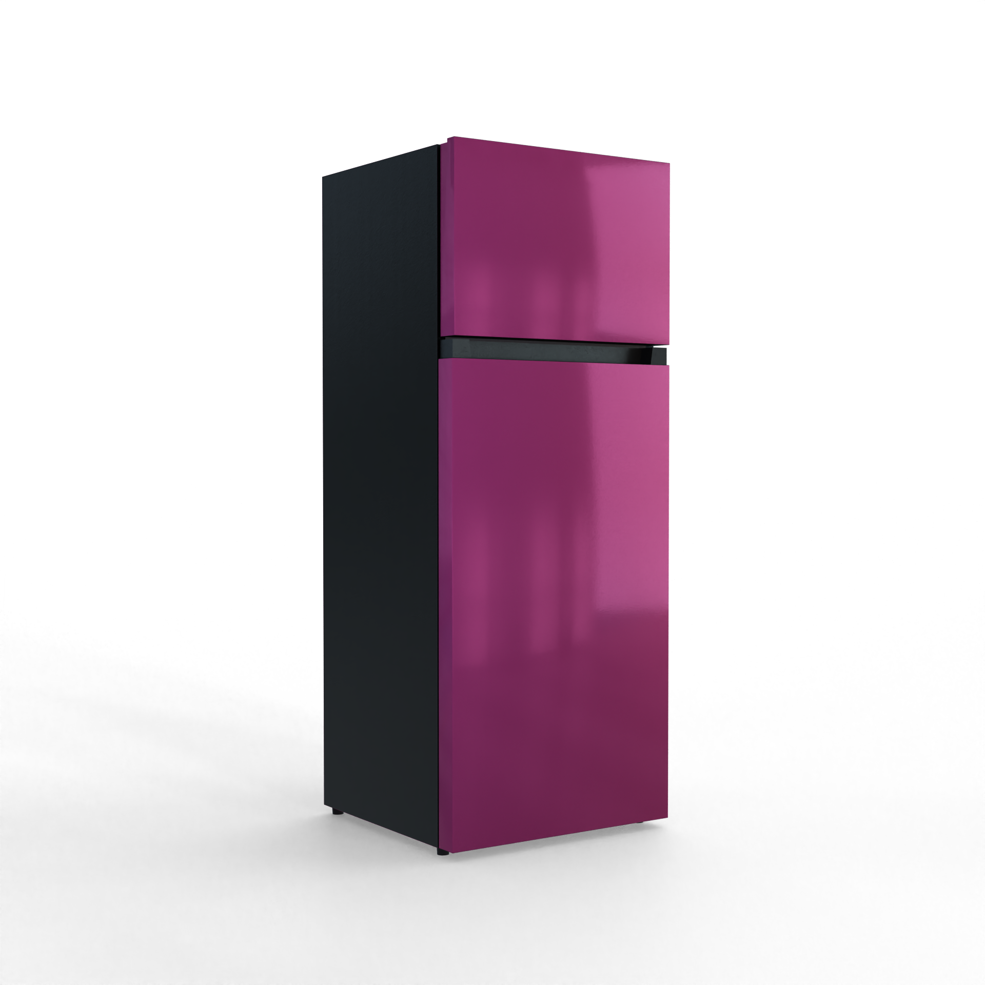 A two-door refrigerator in dark purple and black with a glossy finish.