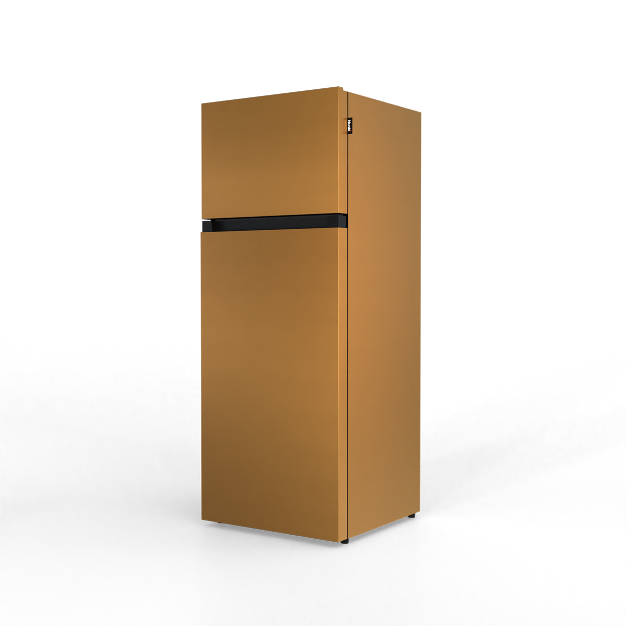 A bronze-colored refrigerator with a black stripe stands against a black background.