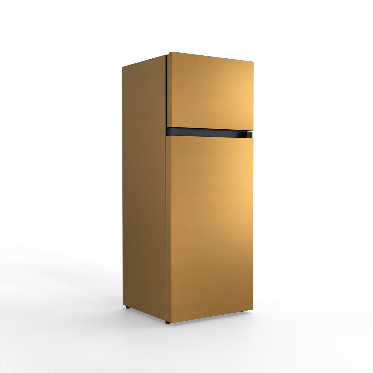 A golden refrigerator with a black stripe, on a black background.