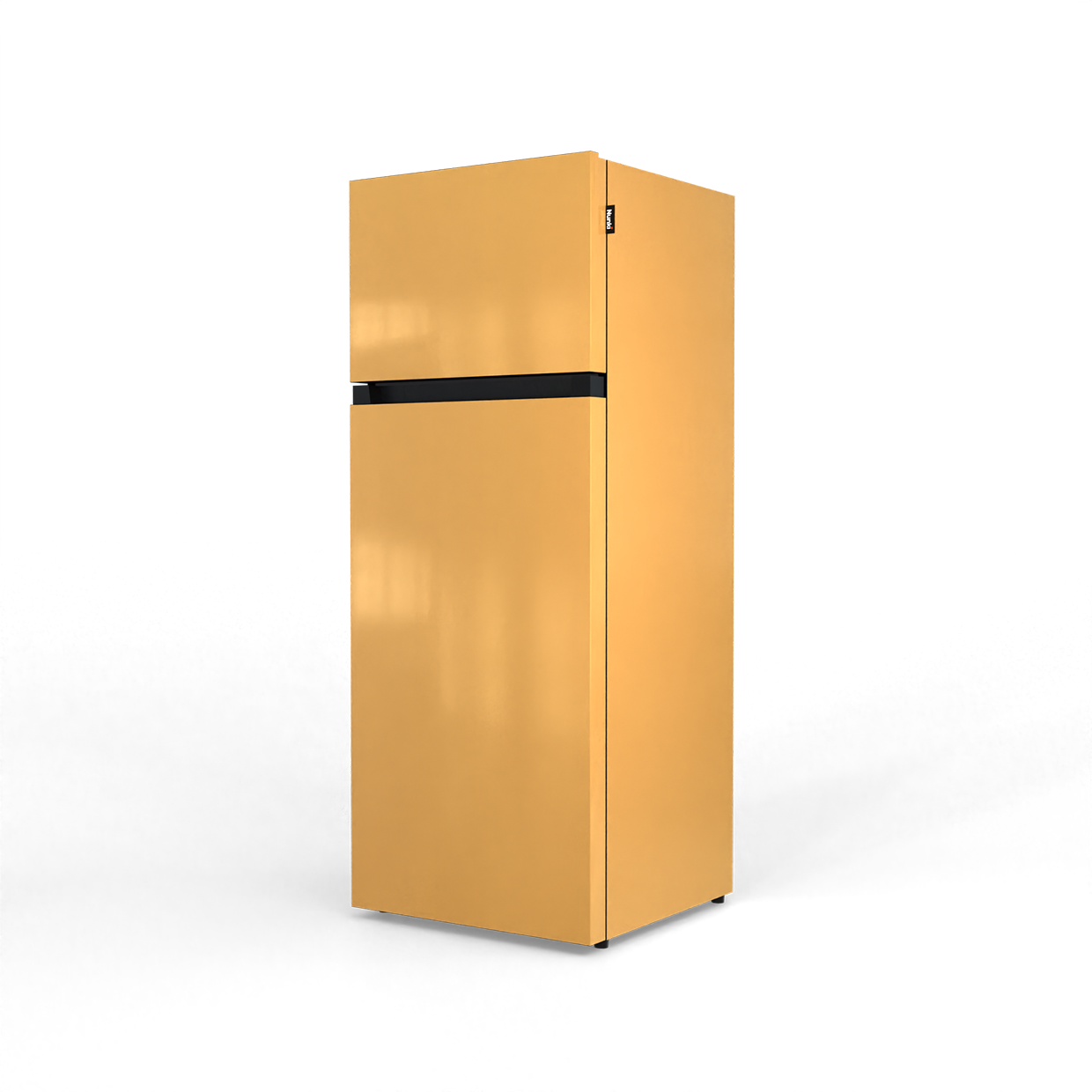 A golden refrigerator with a black stripe, on a black background.