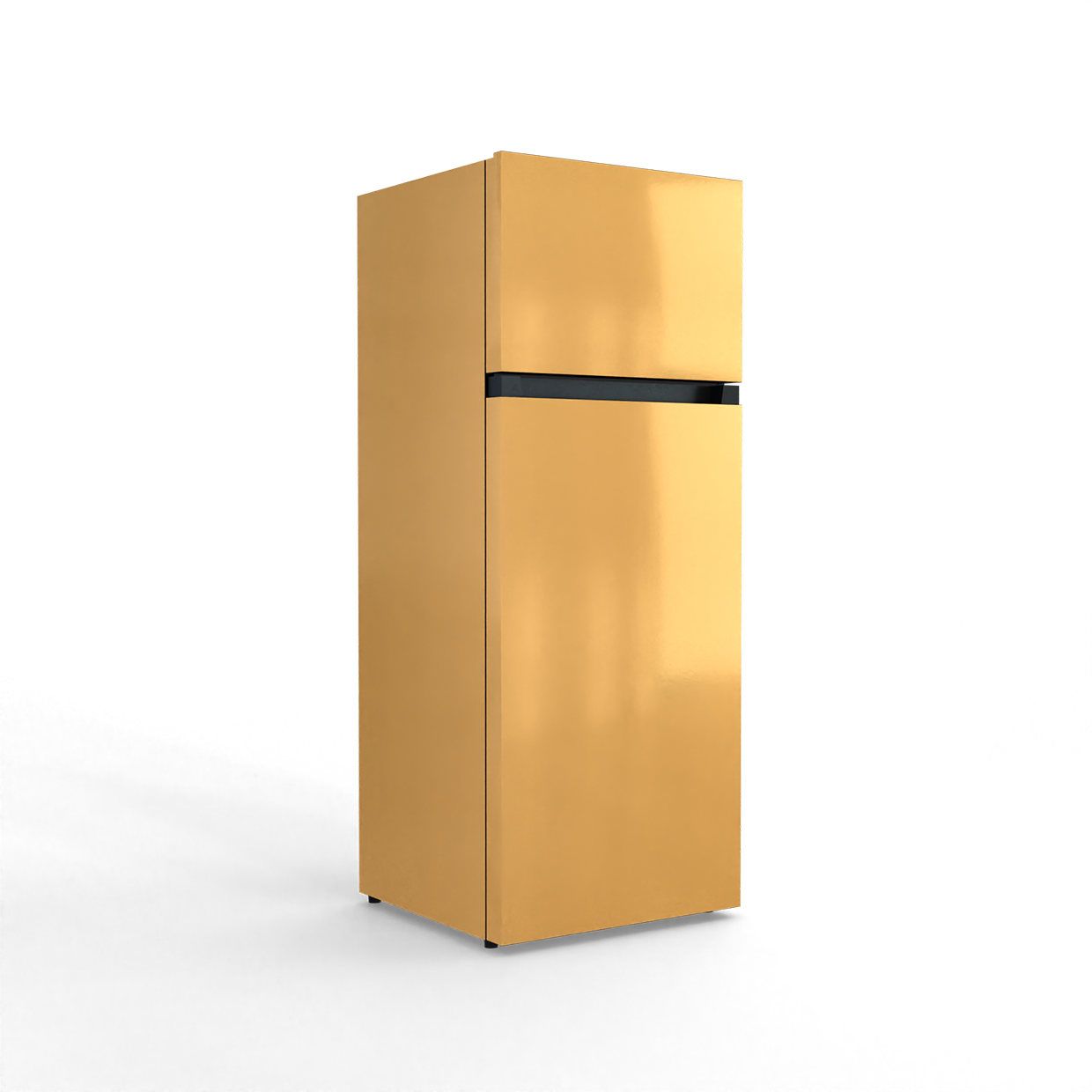 A shiny golden refrigerator with a black stripe on a black background.