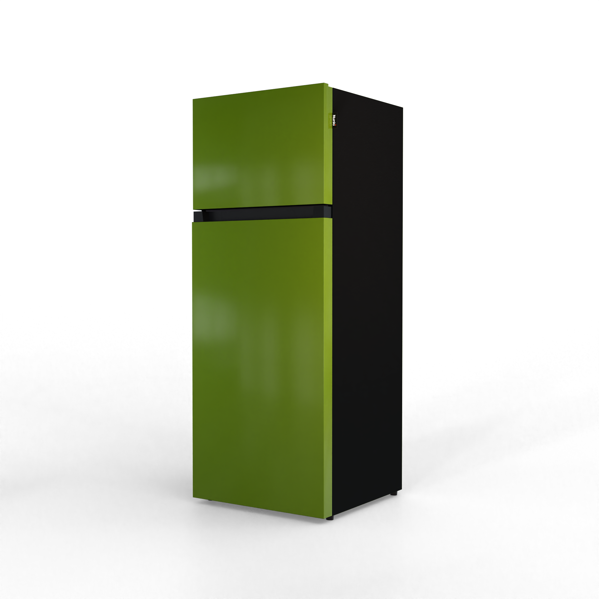 A two-door refrigerator in bright green and black.