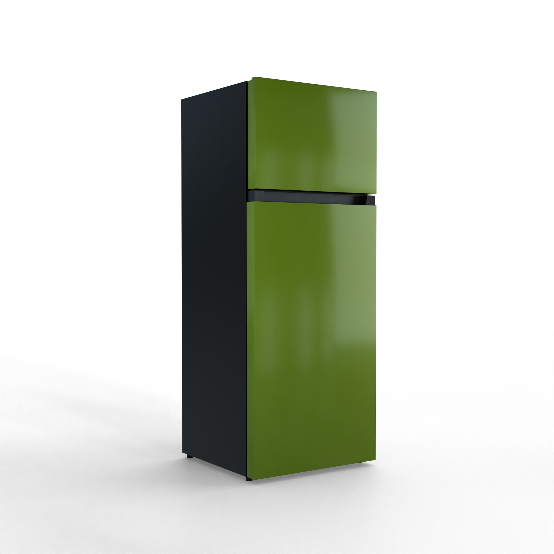 A two-door refrigerator in olive green and black.