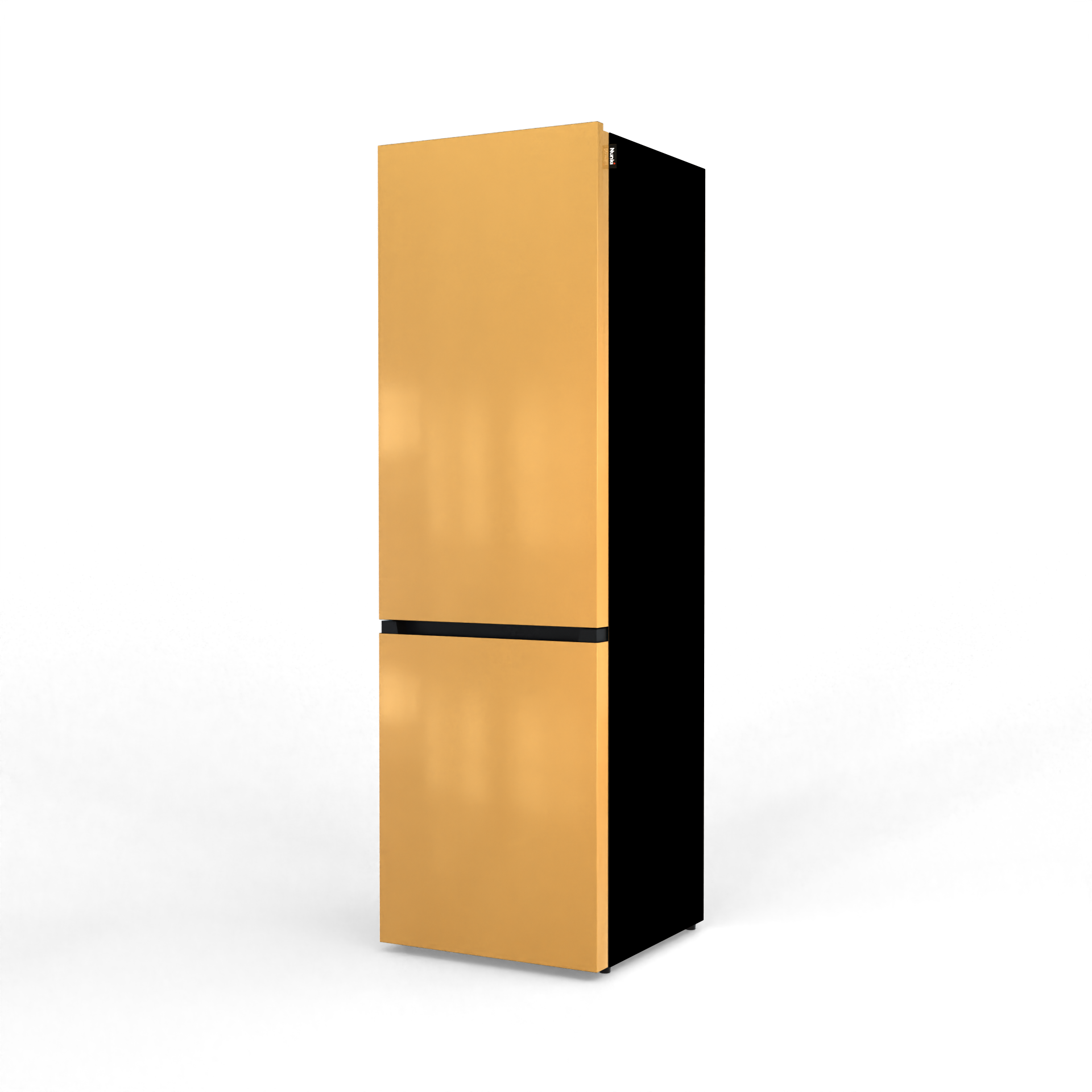 A tall, narrow, ochre object with a black line in the middle on a black background.
