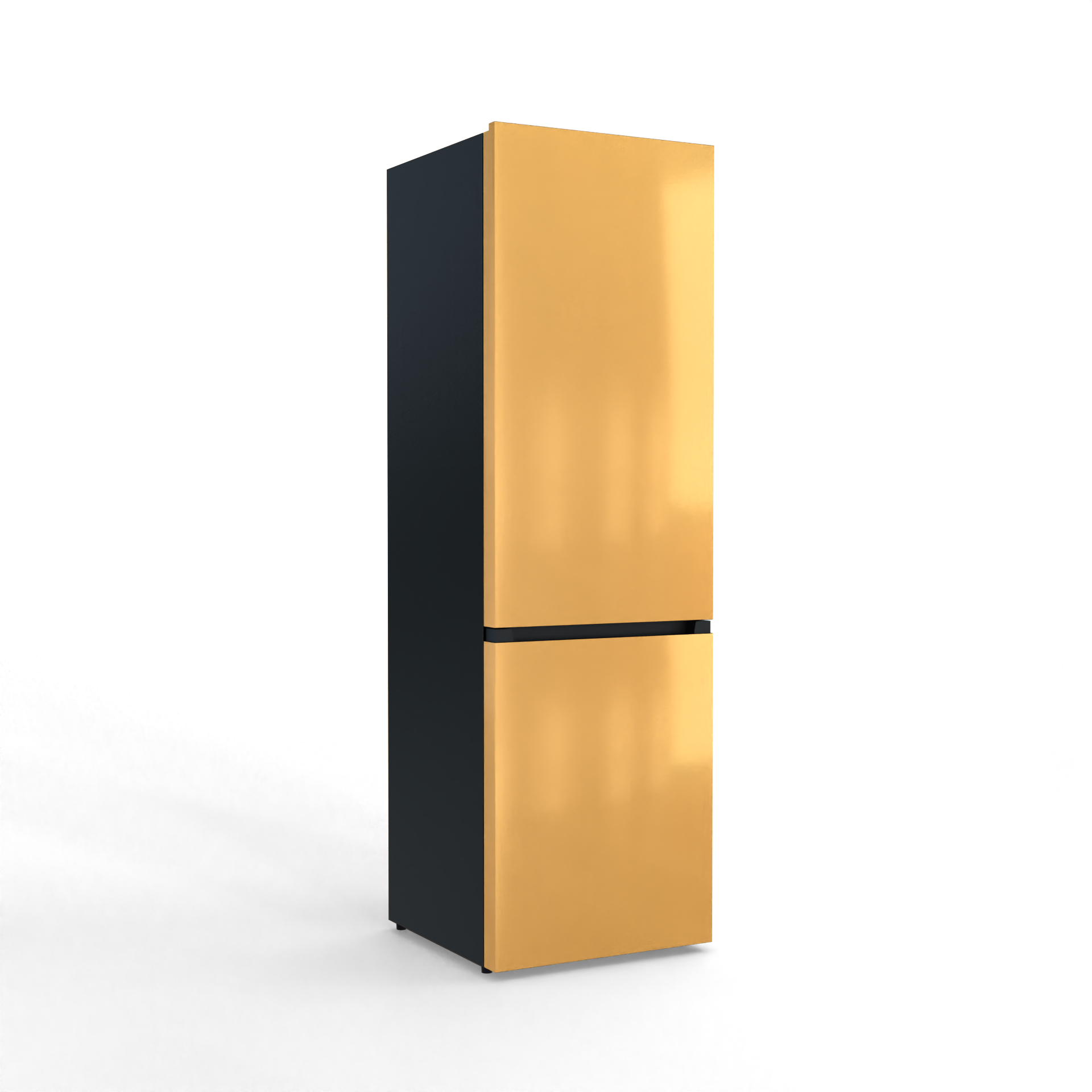 A sleek, gold-colored refrigerator with dark sides.