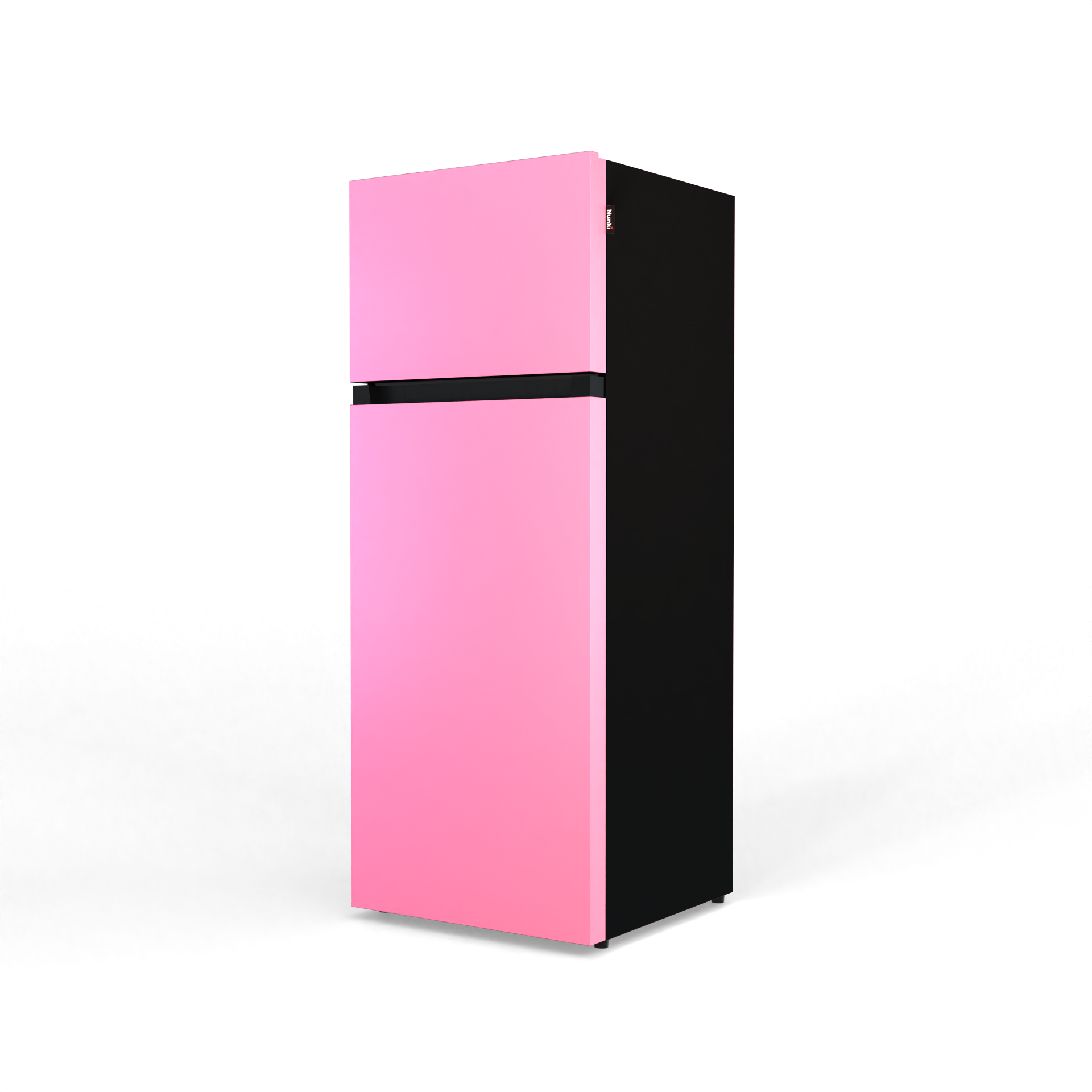 A two-door pink refrigerator with a black body, isolated on a black background.
