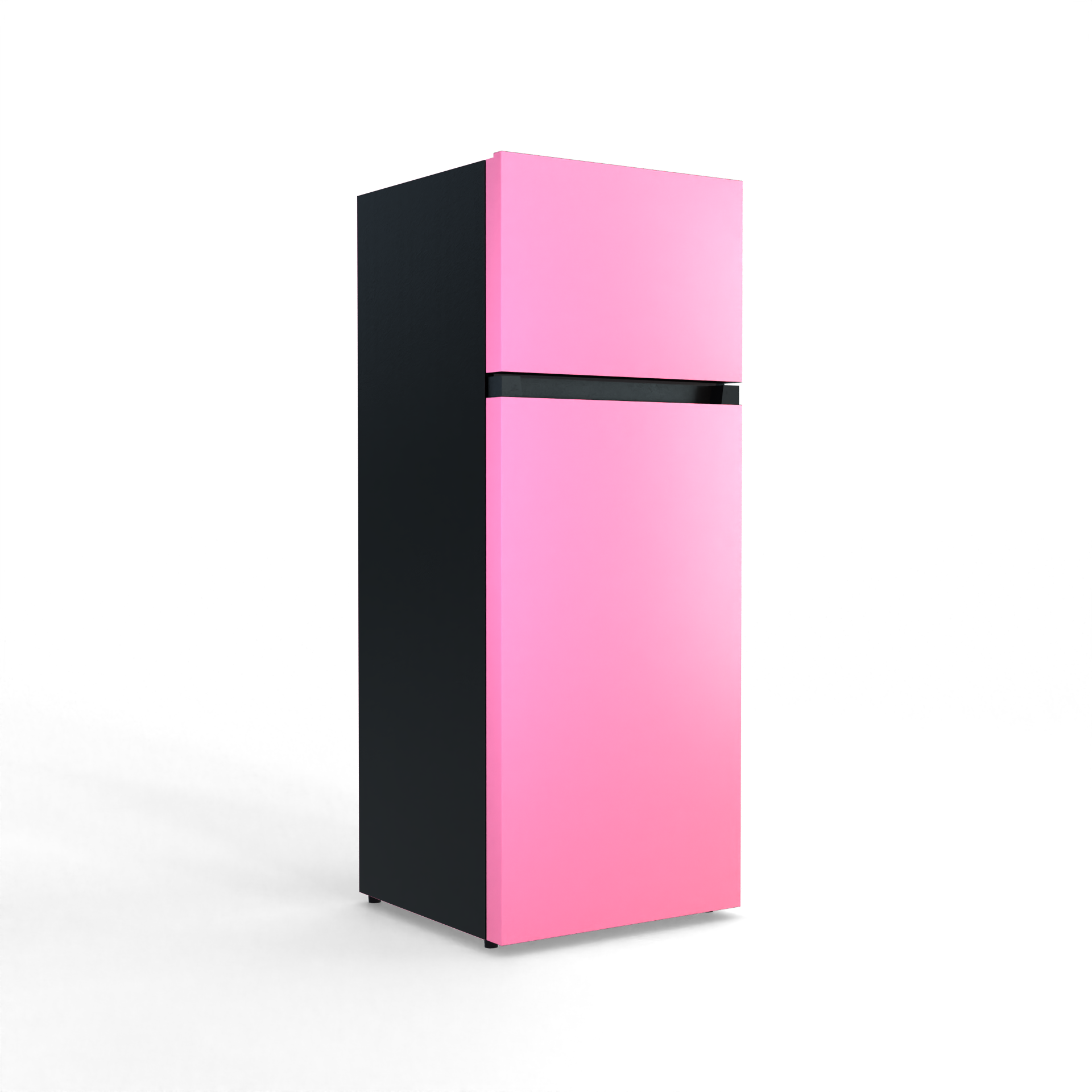A tall, two-door pink refrigerator with a black trim and sides on a black background.