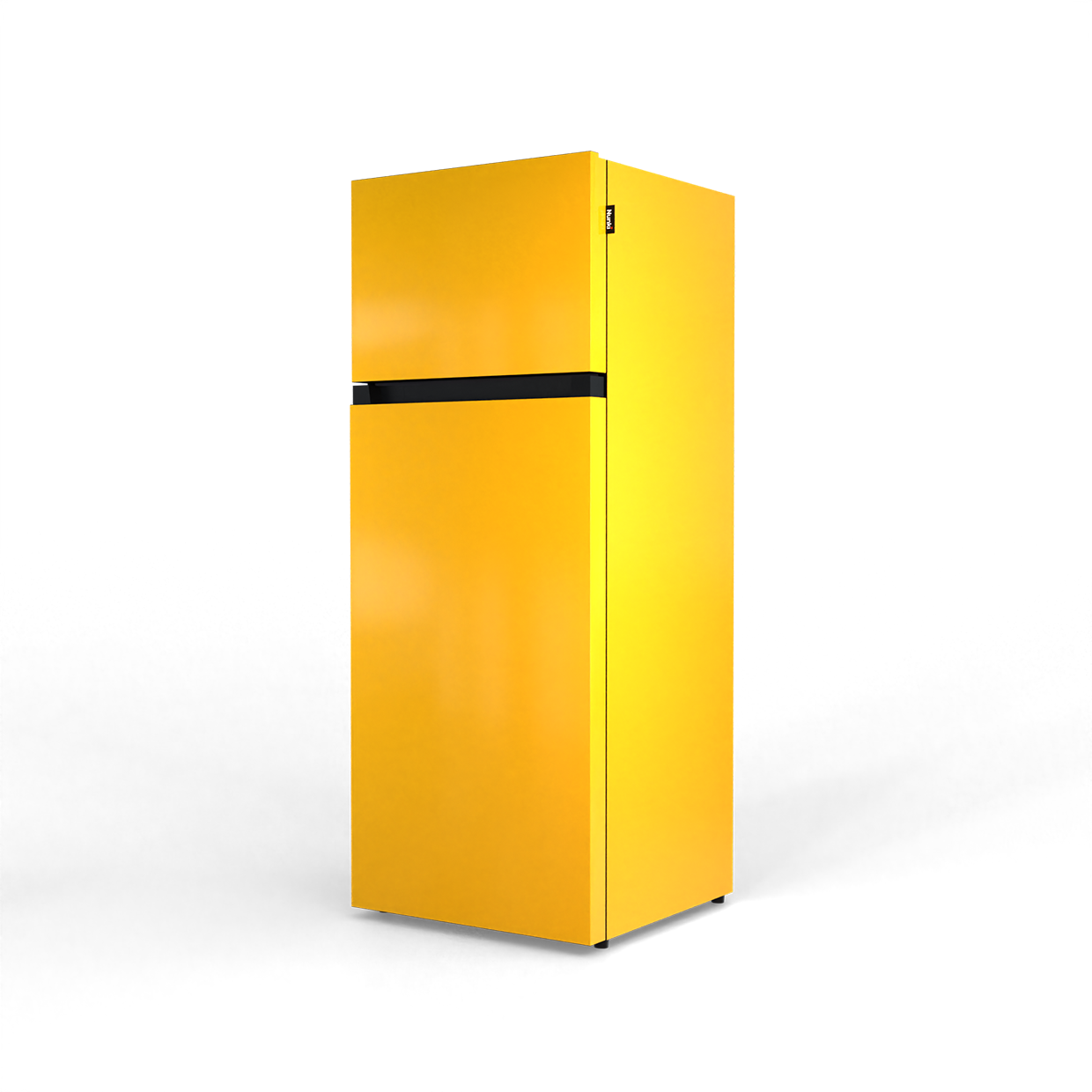 A yellow refrigerator with a black dividing line and a logo on the side.