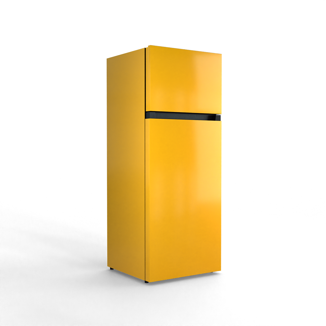 A yellow refrigerator with a black stripe stands against a black background.