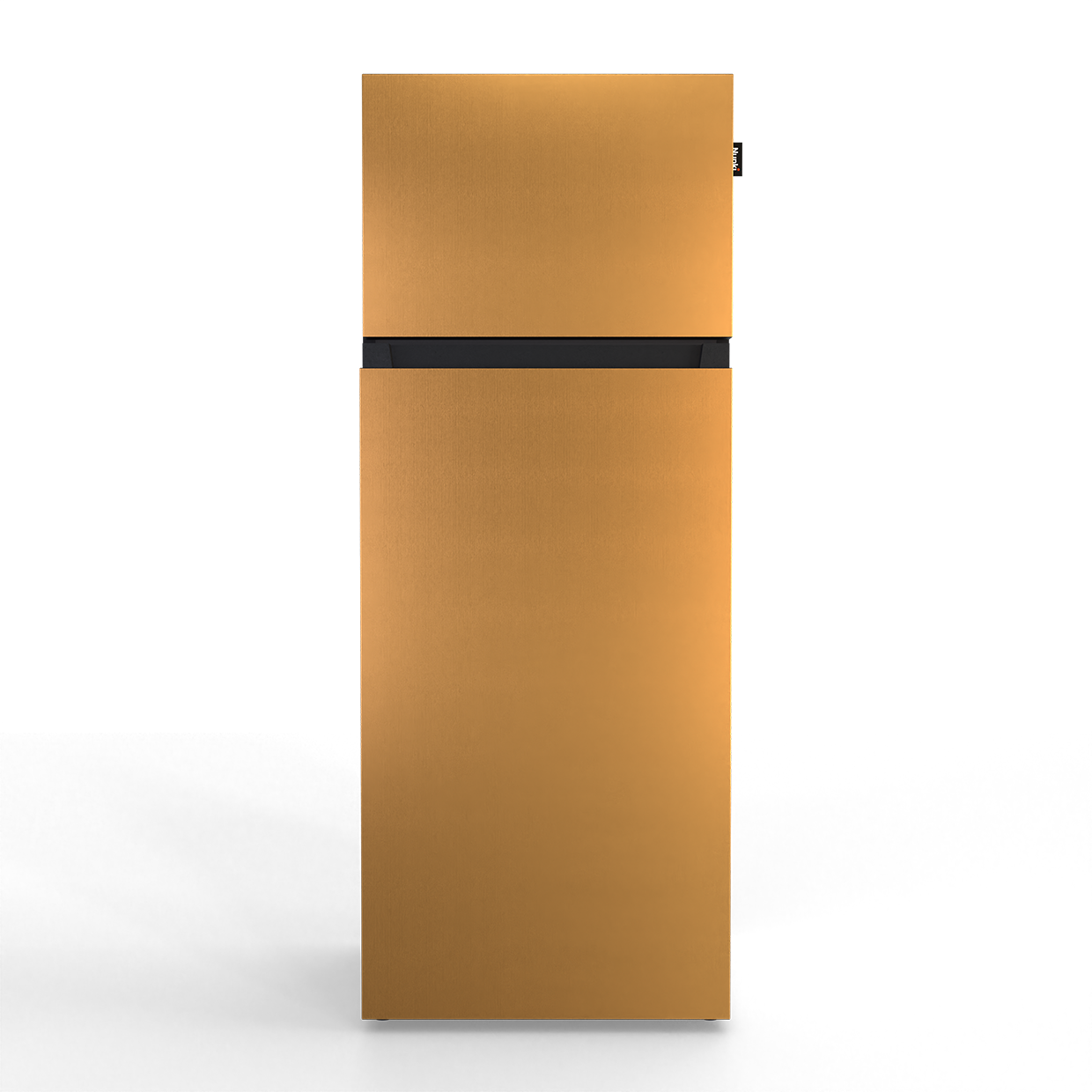 A bronze-colored, two-door refrigerator with a black handle.
