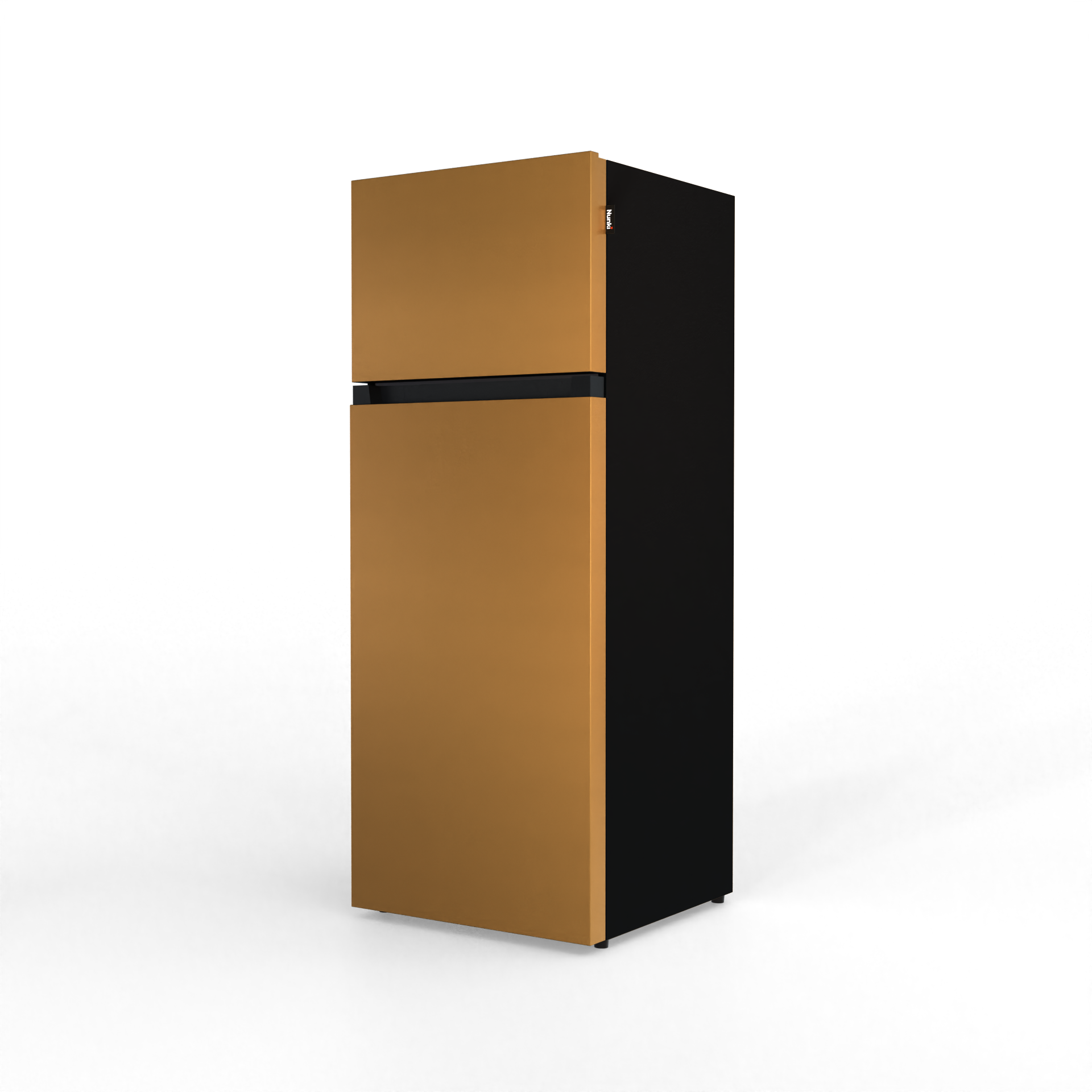 A two-door refrigerator with a bronze front and black sides.