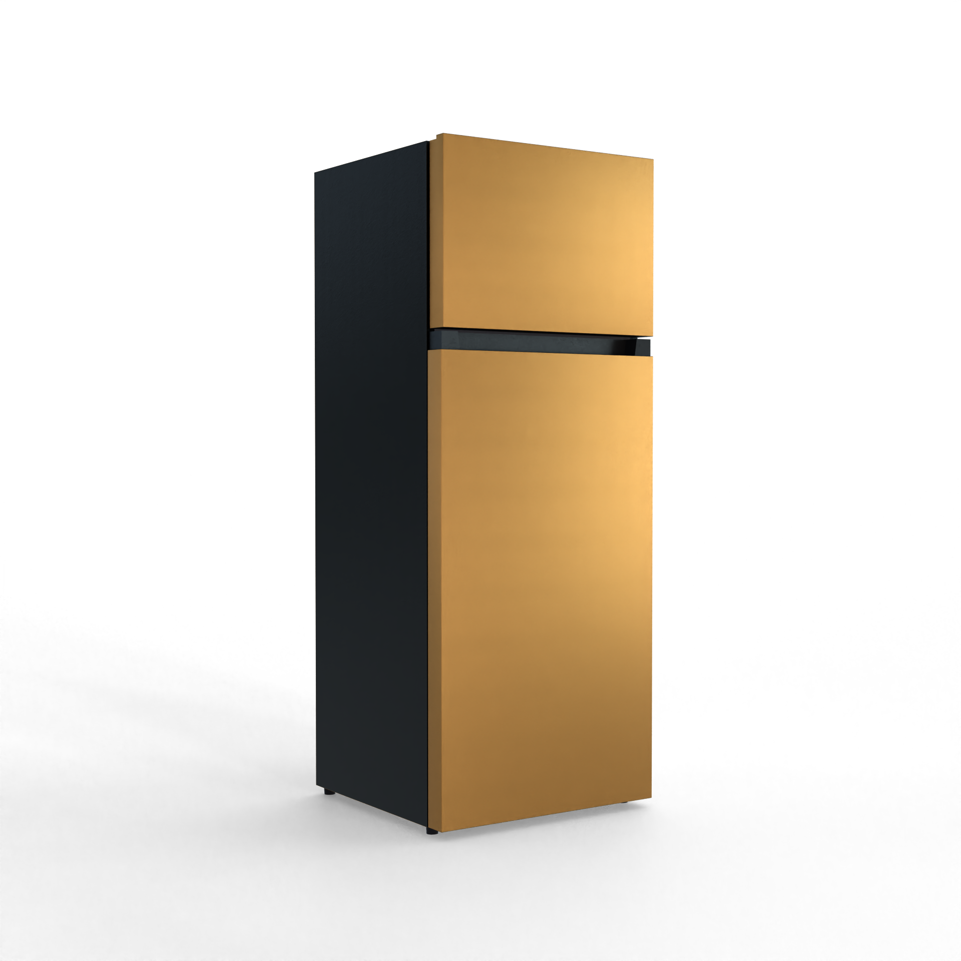 A two-door refrigerator in bronze and black, set against a black background.