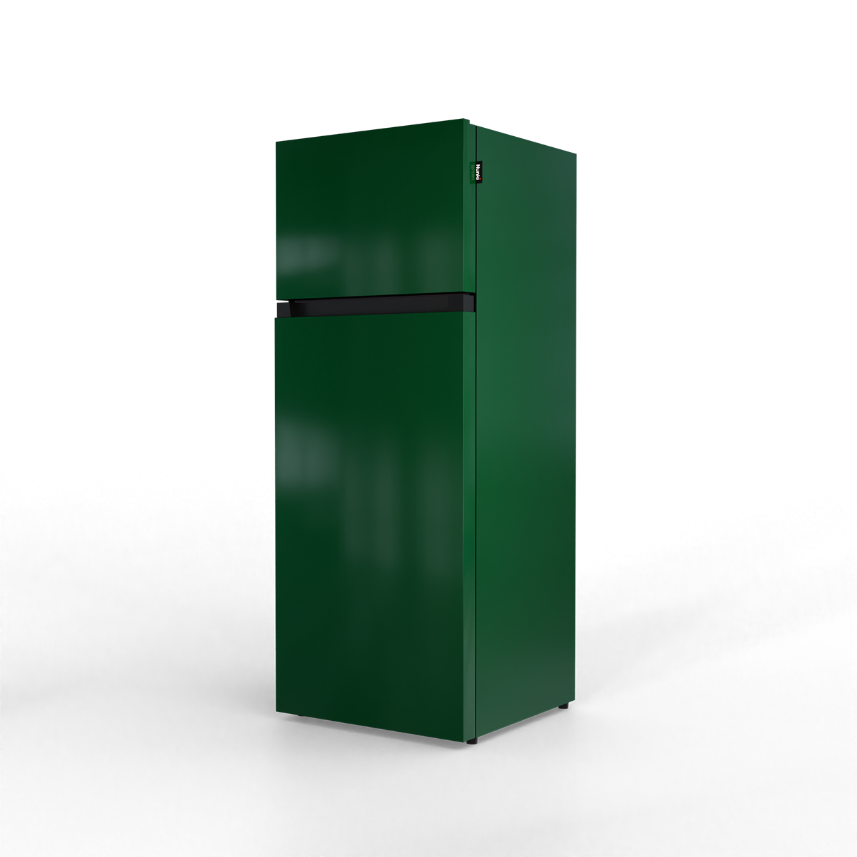 A dark green, two-door refrigerator with a black handle stands against a black background.