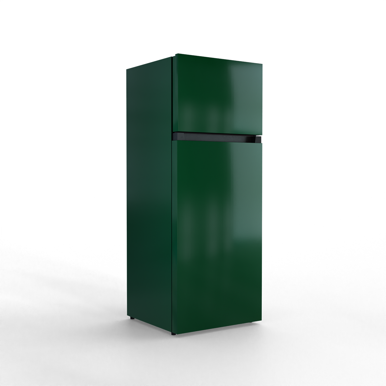 A dark green, two-door refrigerator stands against a black background.