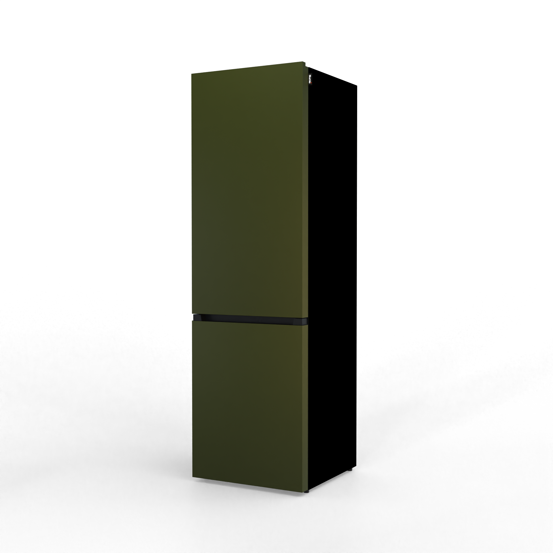 A narrow, vertical, dark green appliance with a black trim in the middle.