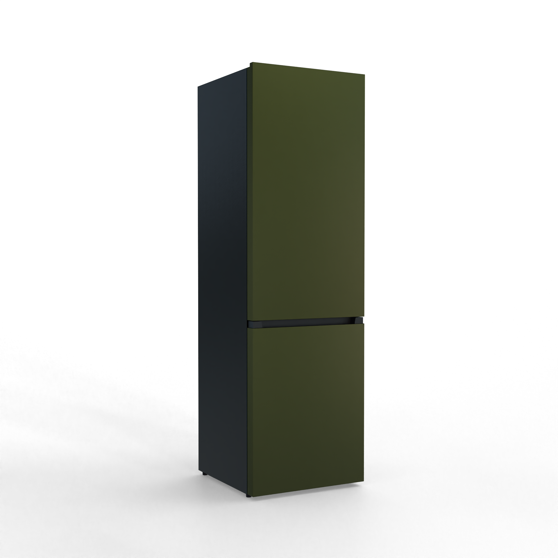 A slim, two-door refrigerator in olive green and charcoal gray.